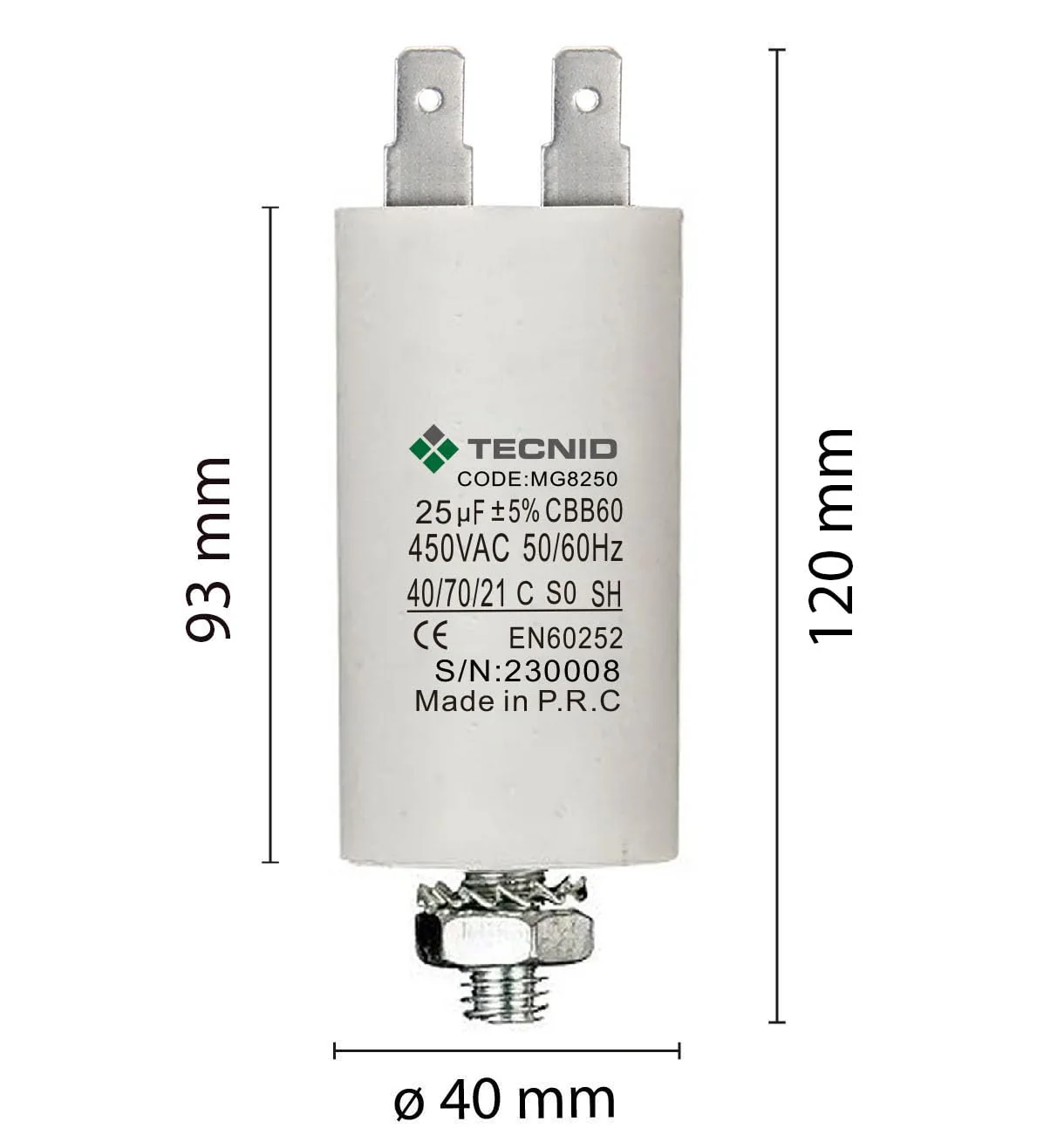 TECNID Electric Motor Starting Capacitor 450V Capacity 25µF Round Aluminium Plastic Capacitor - Image 2