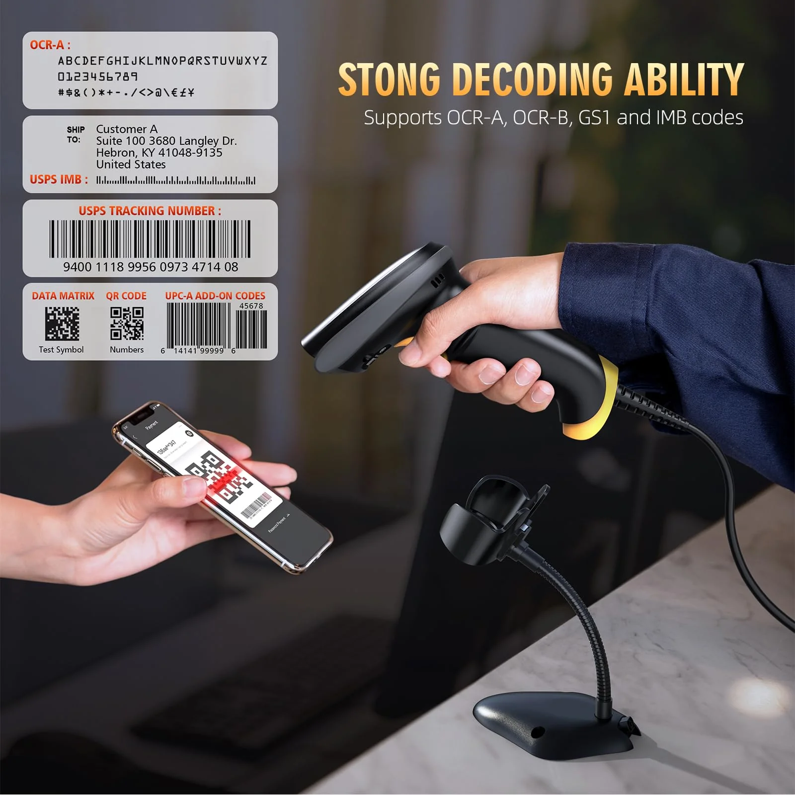 TEEMI 2D Barcode Scanner with Smart Stand USB Wired Handheld Automatic QR Data Matrix PDF417 OCR bar Codes Imager Global Shutter Computer Screen Scan for Windows Mac and Linux PC POS, Stand Included USB Wired with Stand - Image 4