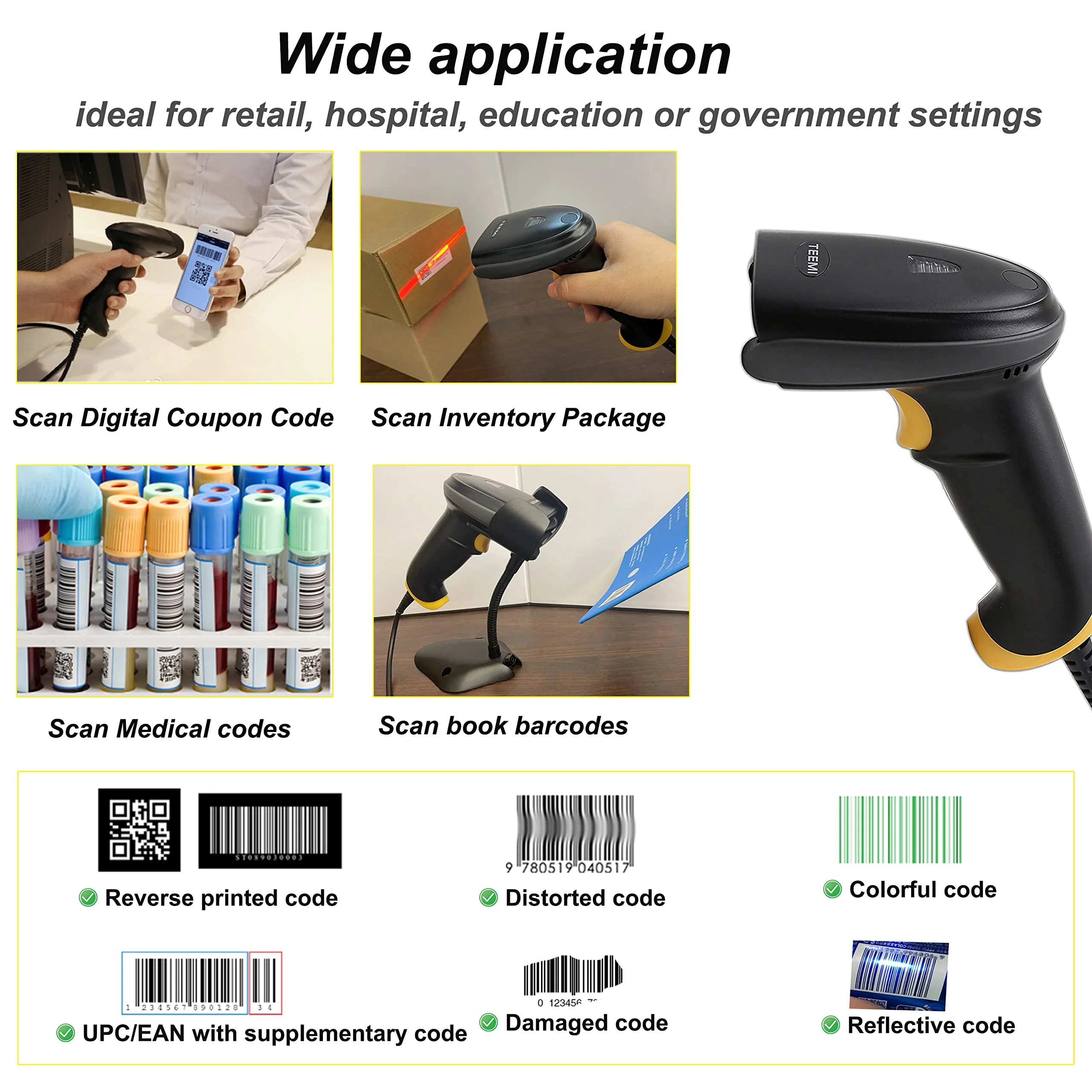 TEEMI 2D Barcode Scanner with Smart Stand USB Wired Handheld Automatic QR Data Matrix PDF417 OCR bar Codes Imager Global Shutter Computer Screen Scan for Windows Mac and Linux PC POS, Stand Included USB Wired with Stand - Image 8