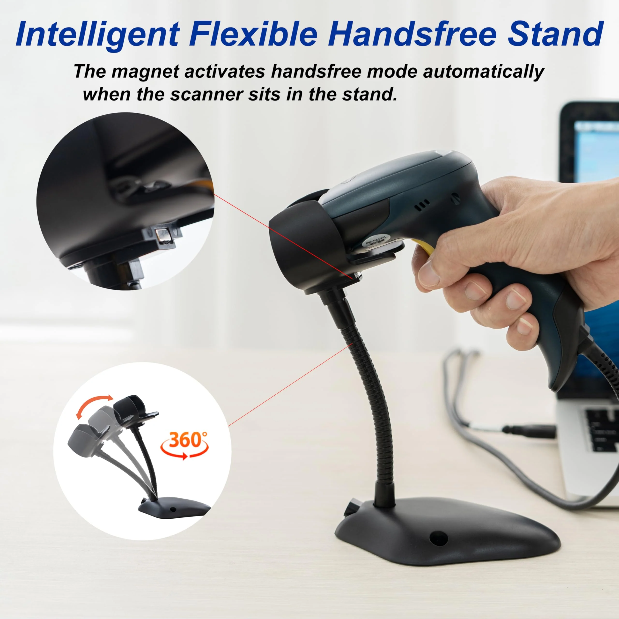 TEEMI QR Barcode Scanner with Handsfree AutoSensing Stand Handheld Automatic USB Wired 1D 2D Bar Codes Reader Global Shutter Scan Rectangle Datamatrix OCR IMB Driver's License Codes Scanner + Stand - Image 2