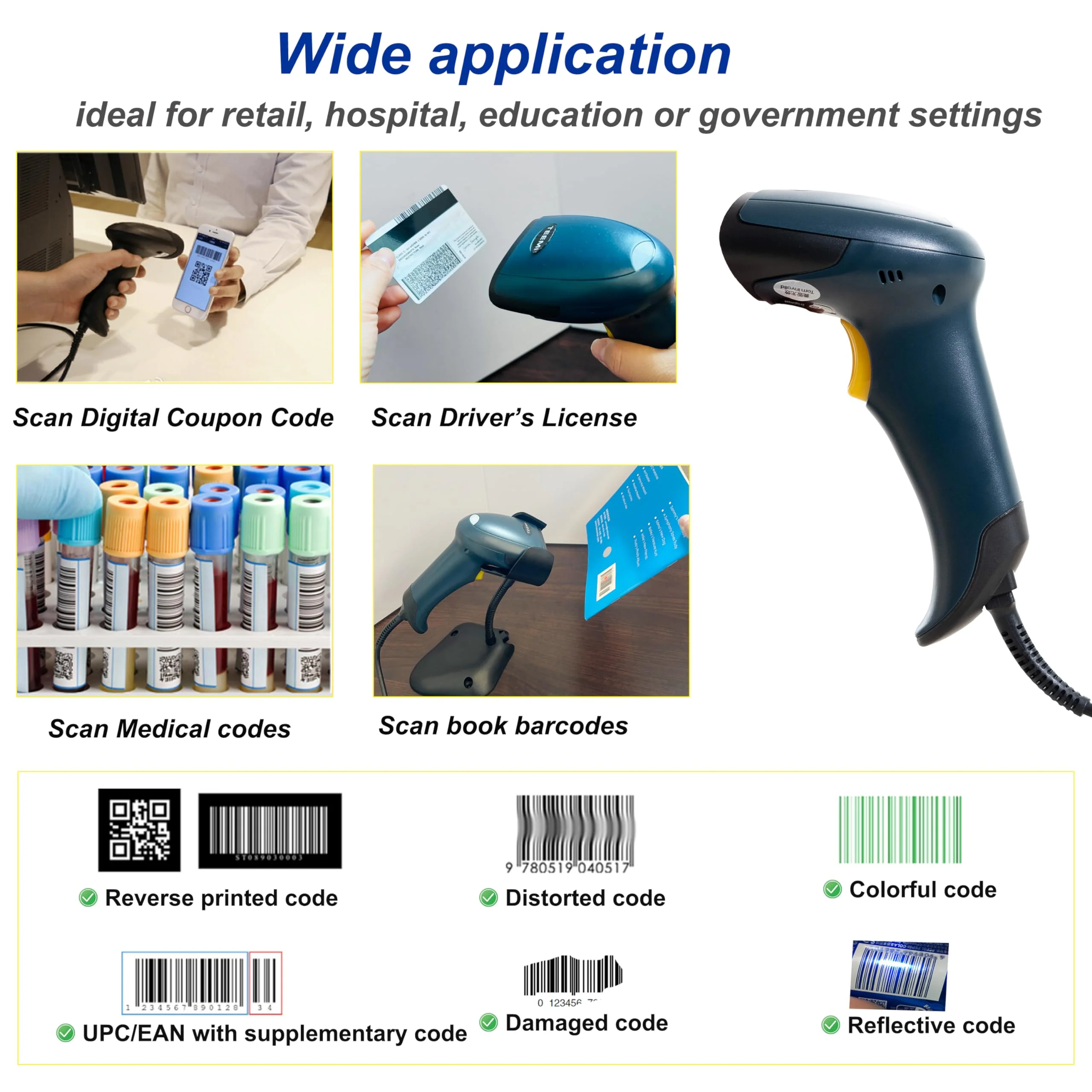 TEEMI QR Barcode Scanner with Handsfree AutoSensing Stand Handheld Automatic USB Wired 1D 2D Bar Codes Reader Global Shutter Scan Rectangle Datamatrix OCR IMB Driver's License Codes Scanner + Stand - Image 5