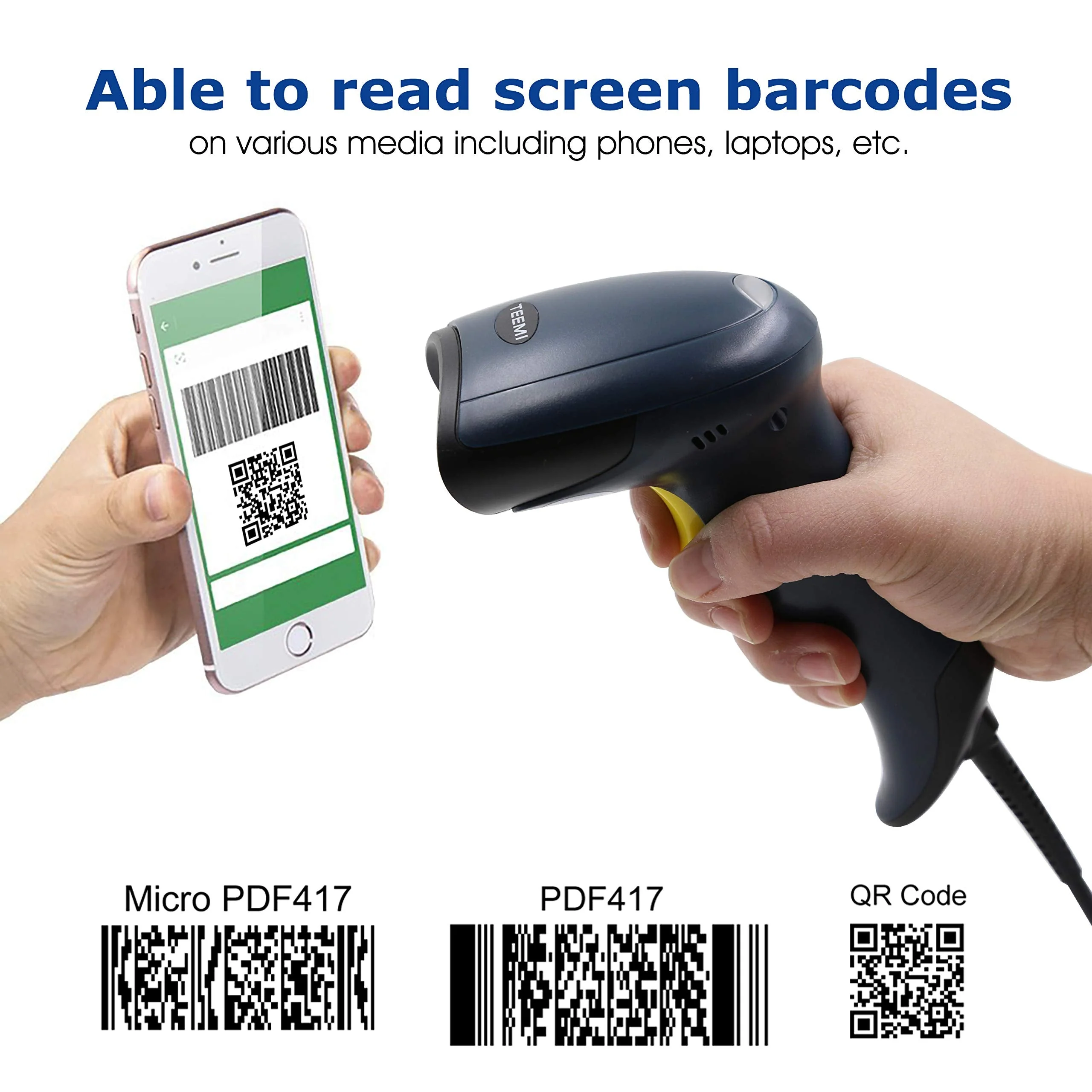 TEEMI QR Barcode Scanner with Handsfree AutoSensing Stand Handheld Automatic USB Wired 1D 2D Bar Codes Reader Global Shutter Scan Rectangle Datamatrix OCR IMB Driver's License Codes Scanner + Stand - Image 8