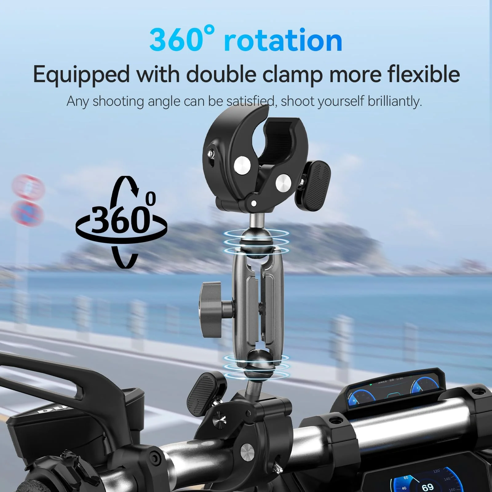 TELESIN 360 Dual Ball Clamp Mount, Bike Bicycle Motorcycle Handlebar Stick Pole Mount Holder Accessories for DJI Osmo Action 6 /Osmo Nano/Osmo 360 /Osmo Action 5 Pro, Hero 13 12 11 10 9, Insta 360 X5 Metal Dual Ball - Image 3