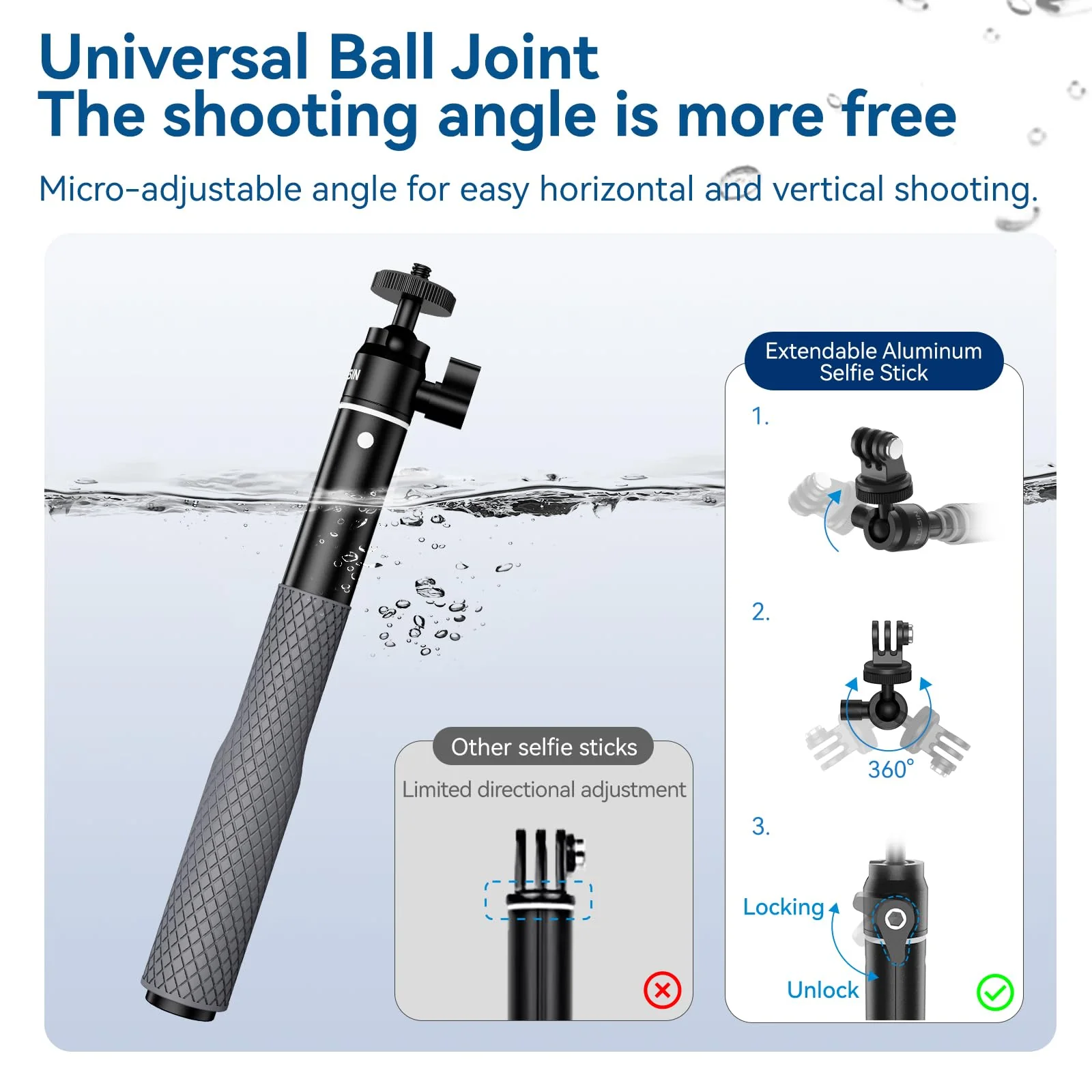 TELESIN 360° Waterproof Selfie Stick 25.75" w Hand Strap Underwater Dive Diving Extension Stick Pole Monopod for GoPro Max 12 11 10 9 8 7 Insta360 X3 GO3 Ace Pro DJI Action 5 Pro 4/3 Osmo Pocket 3 - Image 3