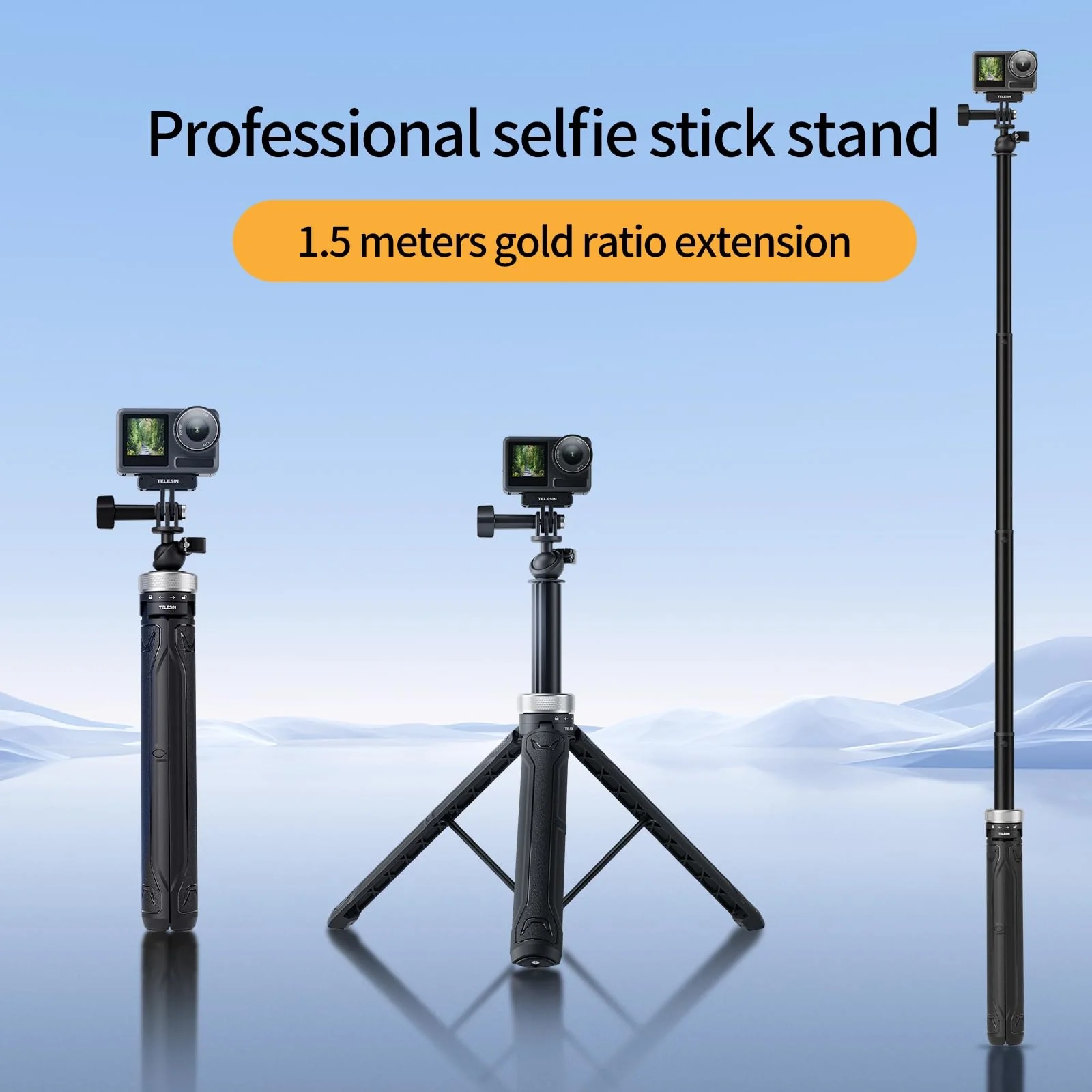 TELESIN 59in Long Selfie Stick Tripod for GoPro, 360 Ball Joint Extension Pole Monopod Handle Grip for Go Pro Max Hero 13 12 11 10 9 Insta360 X3 X4 Ace Pro DJI Action 5 Pro 3 4 Osmo Pocket 3 Accessory 360 Selfie Stick Tripod - Image 2