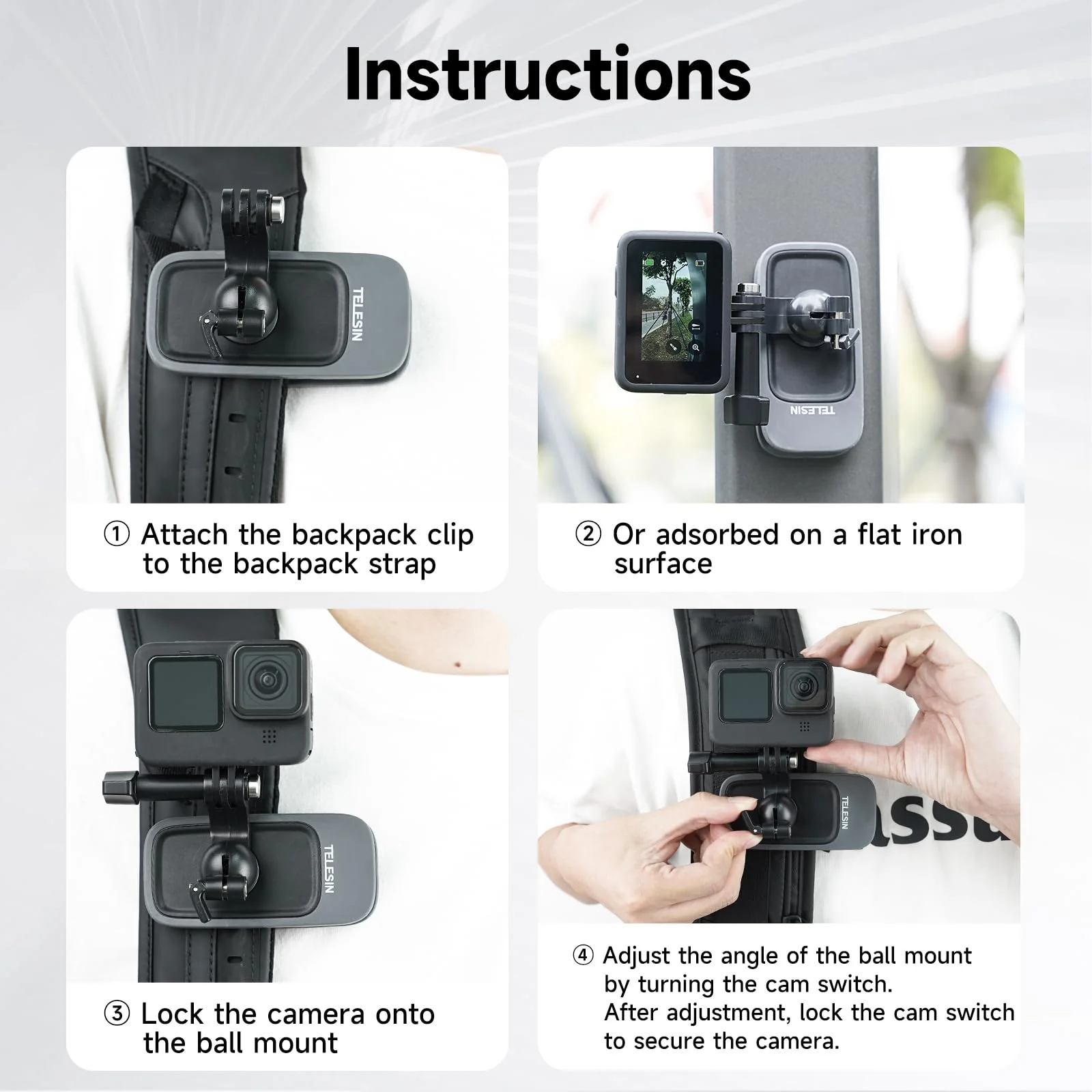 TELESIN Magnetic Mount Backpack Clip with Phone Holder for GoPro Insta360 iPhone Accessories for Go Pro Hero 13 12 11 10 9 8 7 Insta 360 X3 Go3 Ace Pro DJI Action 5 Pro 4 3 Pocket 3 Bike Motorcycle Magnetic Mount+Backpack Clip+Phone Holder - Image 6