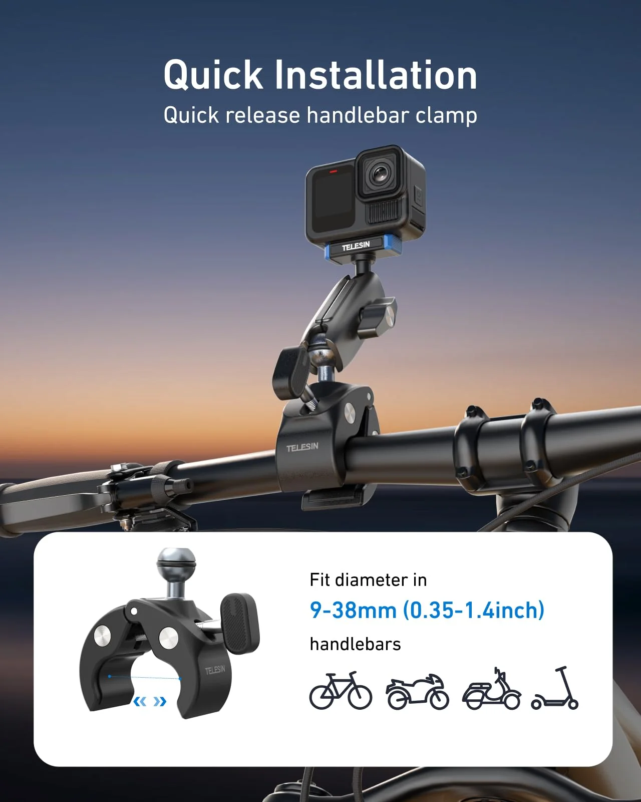 TELESIN Super Clamp Mount | Bike Handlebar Mount for Hero 13 | Power Suction Magnetic Design | 360° Rotation Ball Head | Fits 9-38mm Handlebar for Bike/Bicycle/Motorcycle - Image 3