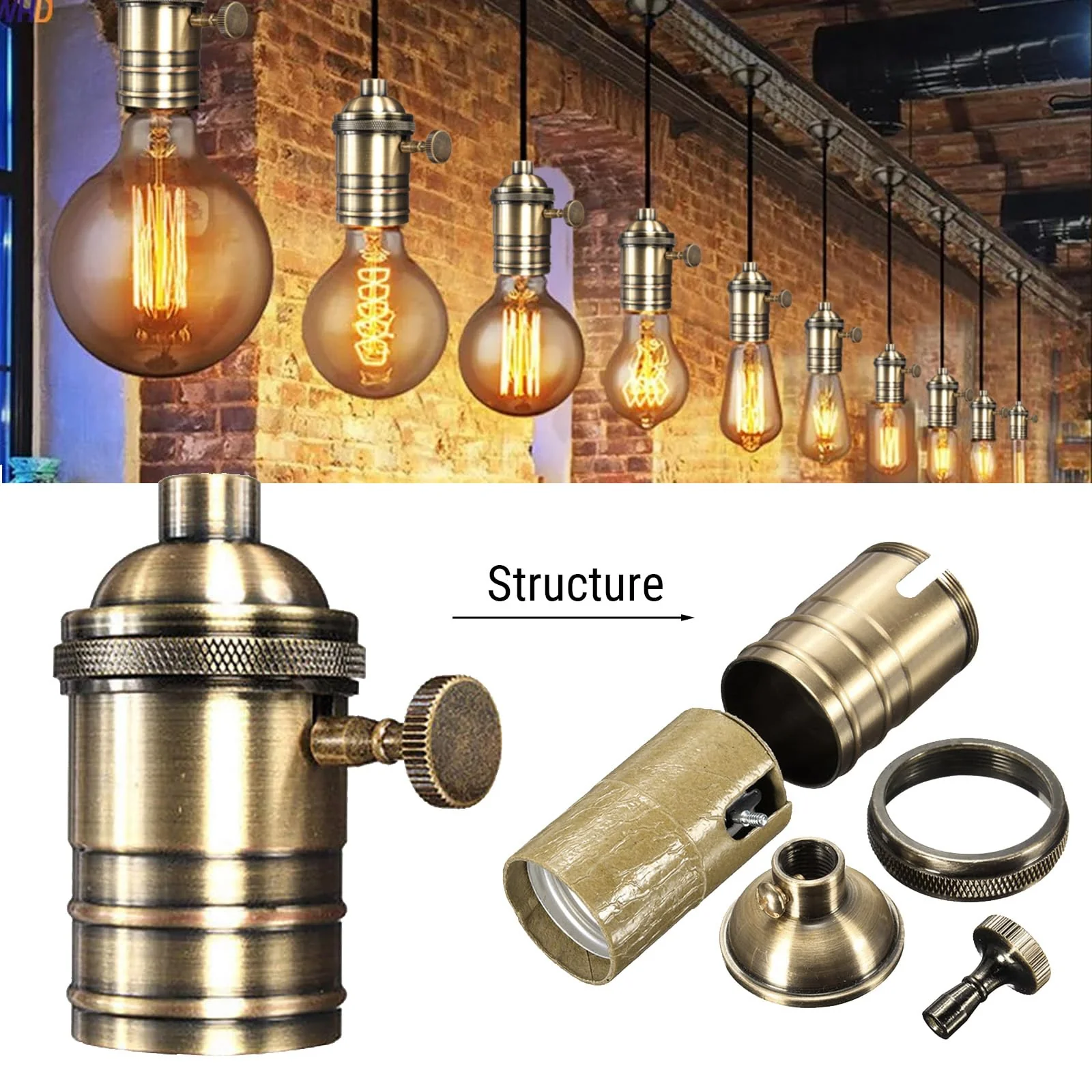 Telituny Vintage Solid Lamp Holder, Vintage Lamp Holder E26/E27 Antique Lamp Holder with On/Off Switch Pendant Light Socket for Edison Screw Bulb, DIY Wall Table Ceiling Lamp - Image 8