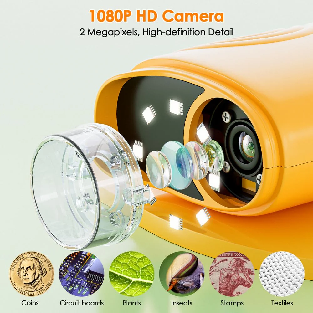 Temodu Kids Microscope 2.0" Screen 1000X Digital Microscope for Kids, Mini Pocket Handheld Microscopes for Children Birthday Festival Gift, Science Education Fun Toys for Boys Girls Ages 4-12 (Yellow) Yellow - Image 3