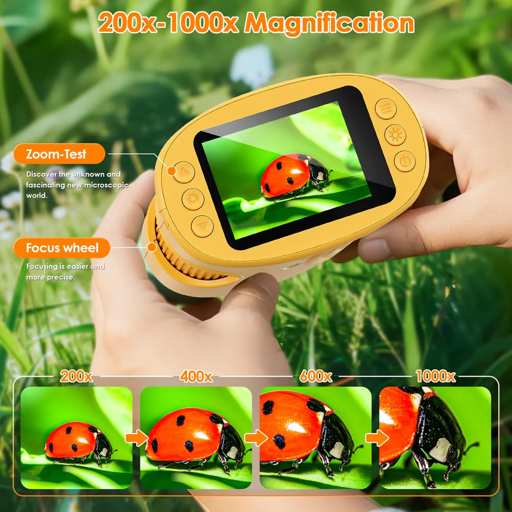 Temodu Kids Microscope 2.0" Screen 1000X Digital Microscope for Kids, Mini Pocket Handheld Microscopes for Children Birthday Festival Gift, Science Education Fun Toys for Boys Girls Ages 4-12 (Yellow) Yellow - Image 4
