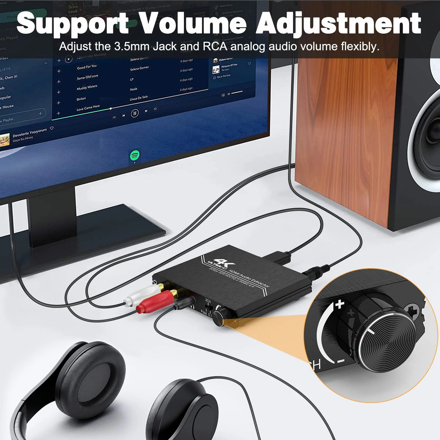 Tendak HDMI Audio Extractor, 4K HDMI to Optical SPDIF + 3.5mm Stereo + RCA L/R Audio Adapter Converter with Volume Control Support 4K@60Hz HDCP 2.2 HDR 3D YUV 4:4:4 - Image 2