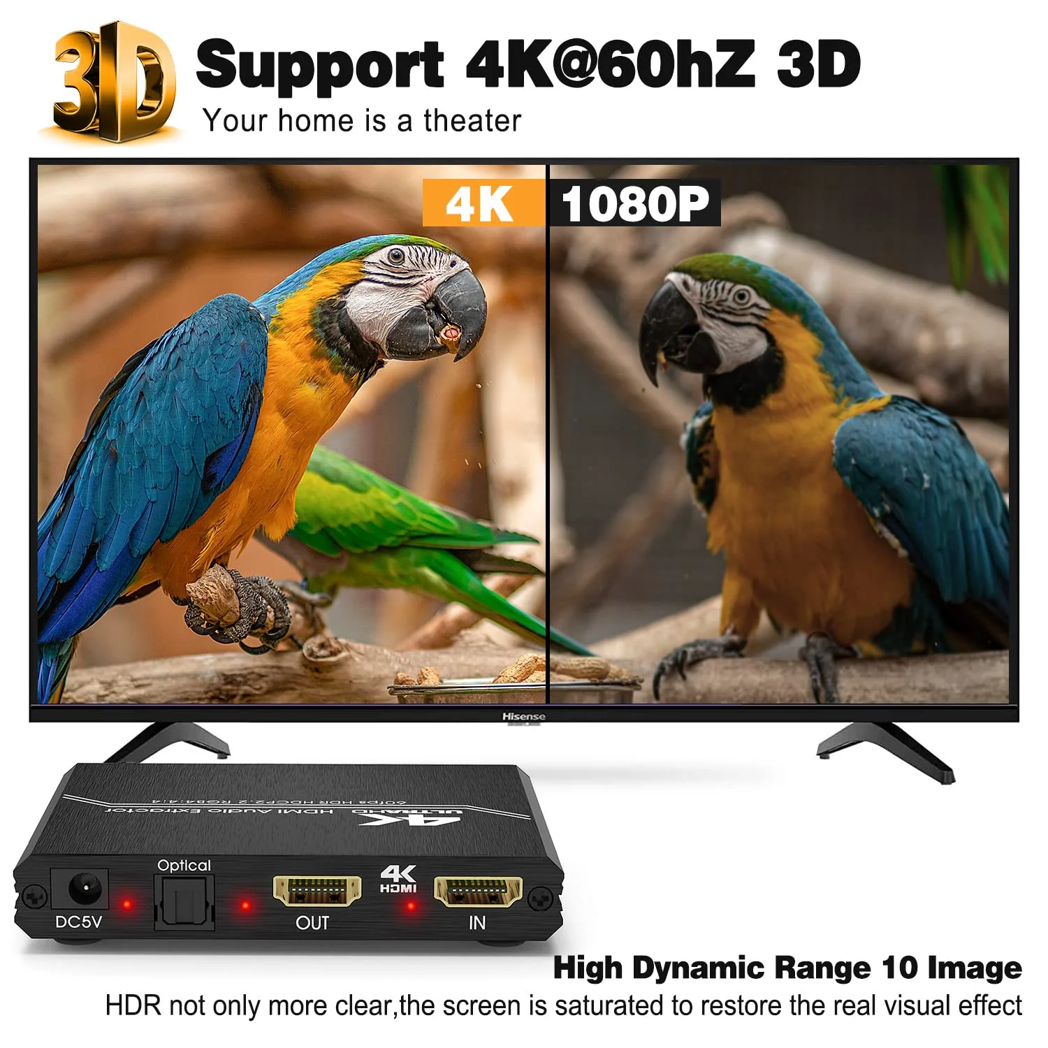 Tendak HDMI Audio Extractor, 4K HDMI to Optical SPDIF + 3.5mm Stereo + RCA L/R Audio Adapter Converter with Volume Control Support 4K@60Hz HDCP 2.2 HDR 3D YUV 4:4:4 - Image 5