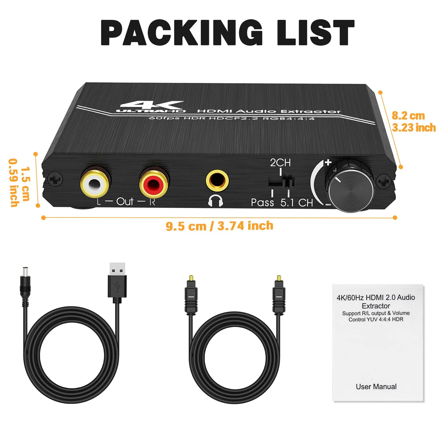 Tendak HDMI Audio Extractor, 4K HDMI to Optical SPDIF + 3.5mm Stereo + RCA L/R Audio Adapter Converter with Volume Control Support 4K@60Hz HDCP 2.2 HDR 3D YUV 4:4:4 - Image 7