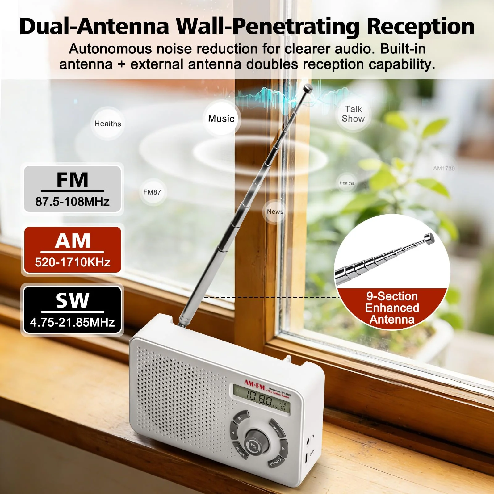 Tendak Portable Radio AM FM SW, Small Radio with Digital Tuning LCD Display, Sleep Timer and Alarm Clock, Battery Powered or Plug in Wall, Transistor Radio for Home Outdoor Seniors - Image 2