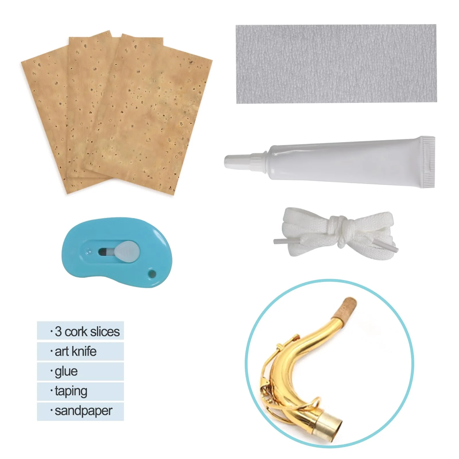 Tenor Saxophone Sax Joint Cork Replacement Kit, Saxophone Cork, Glue, Knife, Taping and Sandpaper - Image 3