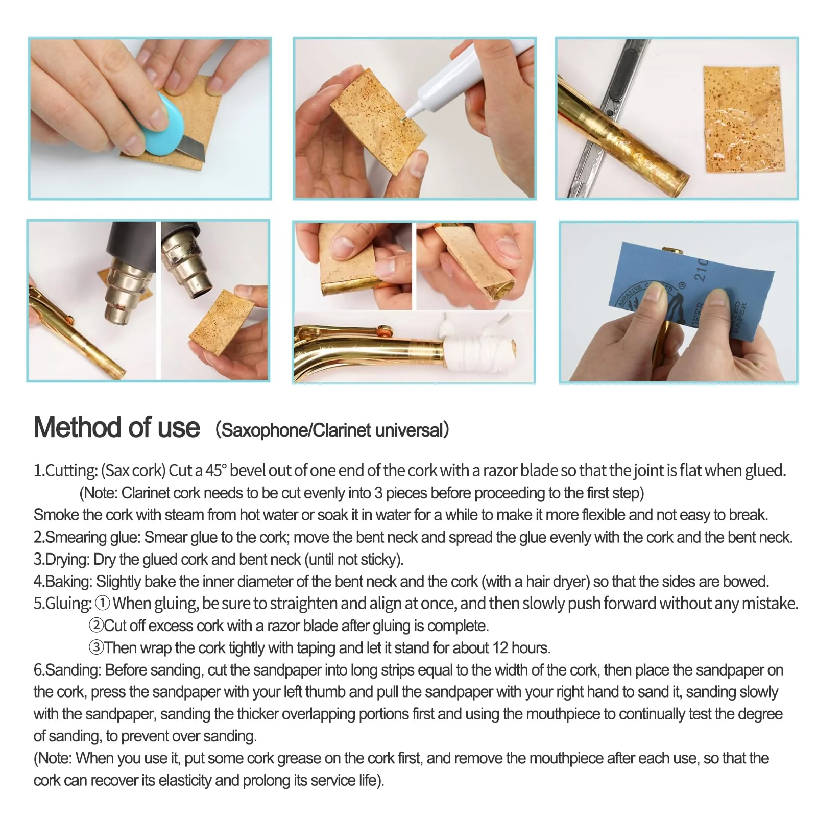 Tenor Saxophone Sax Joint Cork Replacement Kit, Saxophone Cork, Glue, Knife, Taping and Sandpaper - Image 6
