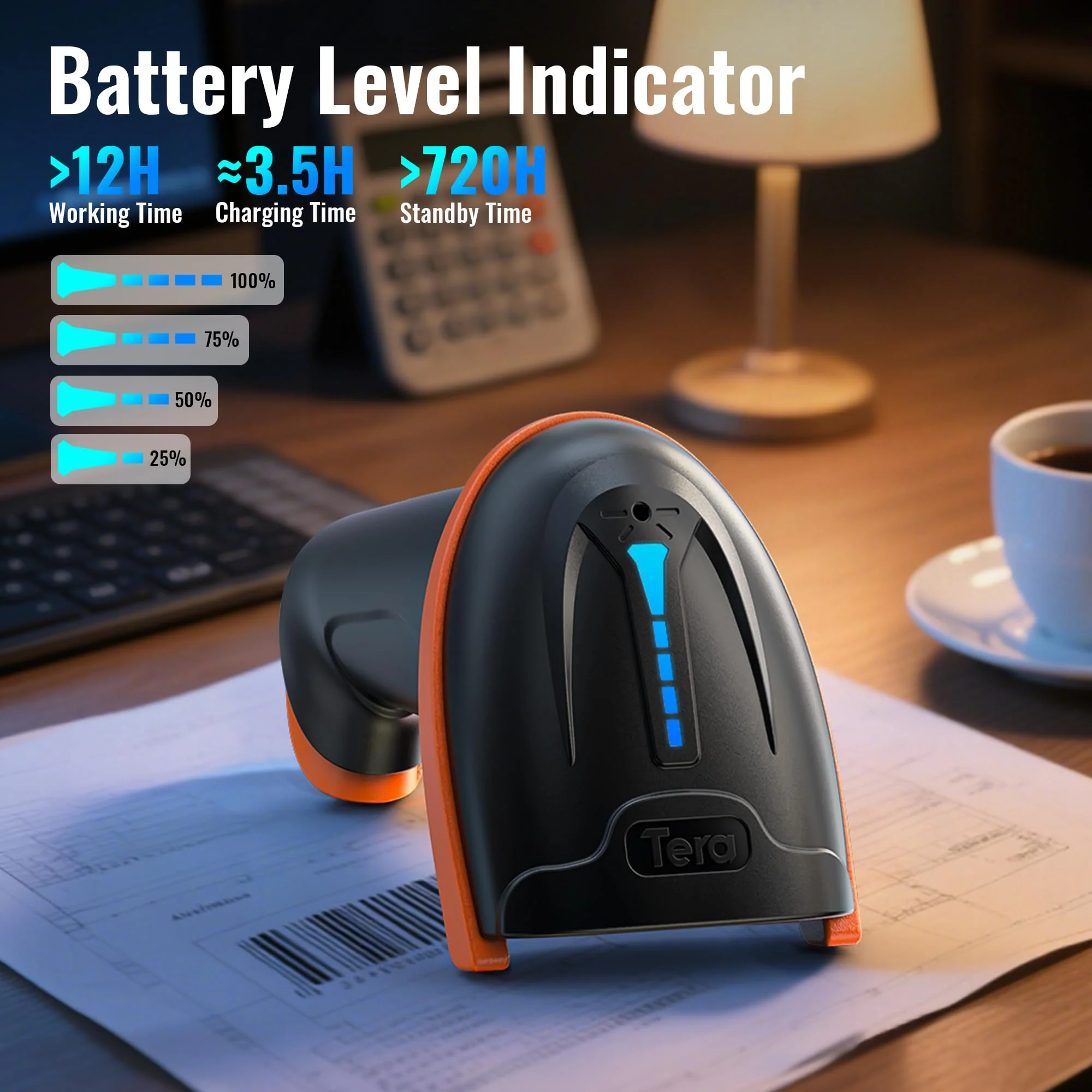Tera 1D 2D QR Barcode Scanner Wireless and Wired with Battery Level Indicator Digital Printed Bar Code Reader Cordless Handheld Barcode Scanner Compact Plug and Play Model D5100 2D Orange - Image 2