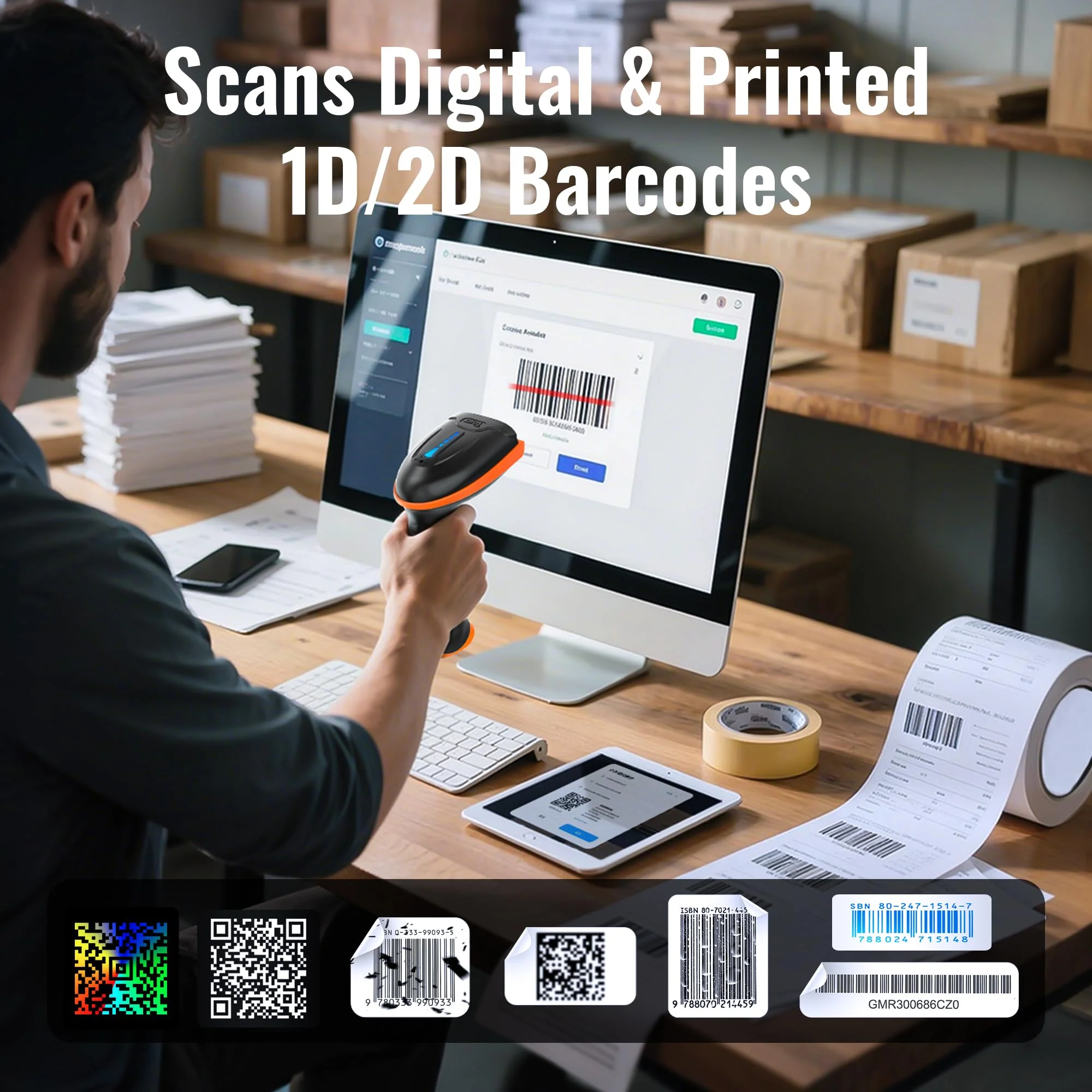 Tera 1D 2D QR Barcode Scanner Wireless and Wired with Battery Level Indicator Digital Printed Bar Code Reader Cordless Handheld Barcode Scanner Compact Plug and Play Model D5100 2D Orange - Image 6