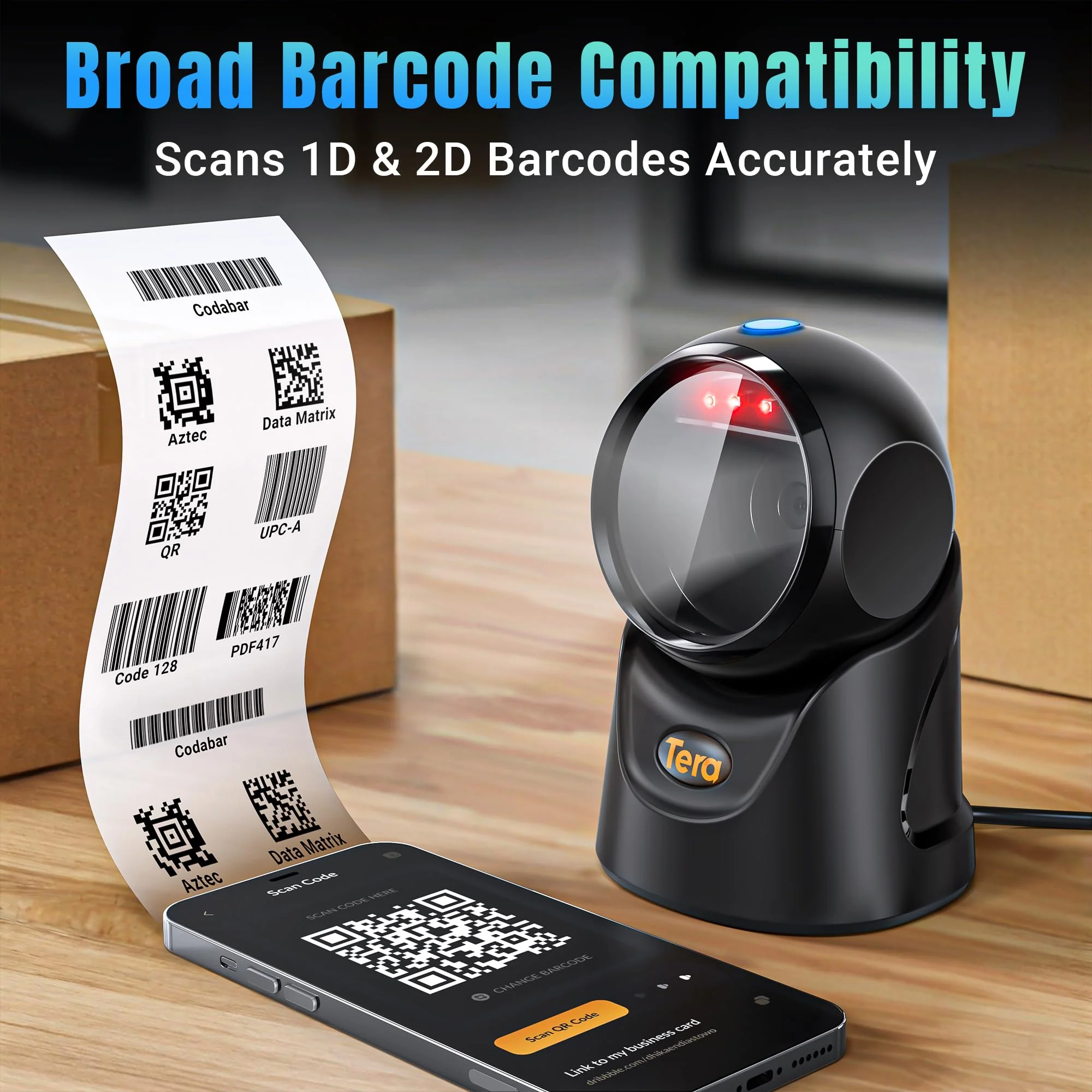 Tera Barcode Scanner Handsfree Omnidirectional: Desktop 1D 2D QR USB Wired Adjustable Angle Plug and Play Bar Code Reader for POS Supermarket Retail Store Mobile Payment Model 9700 Black - Image 2