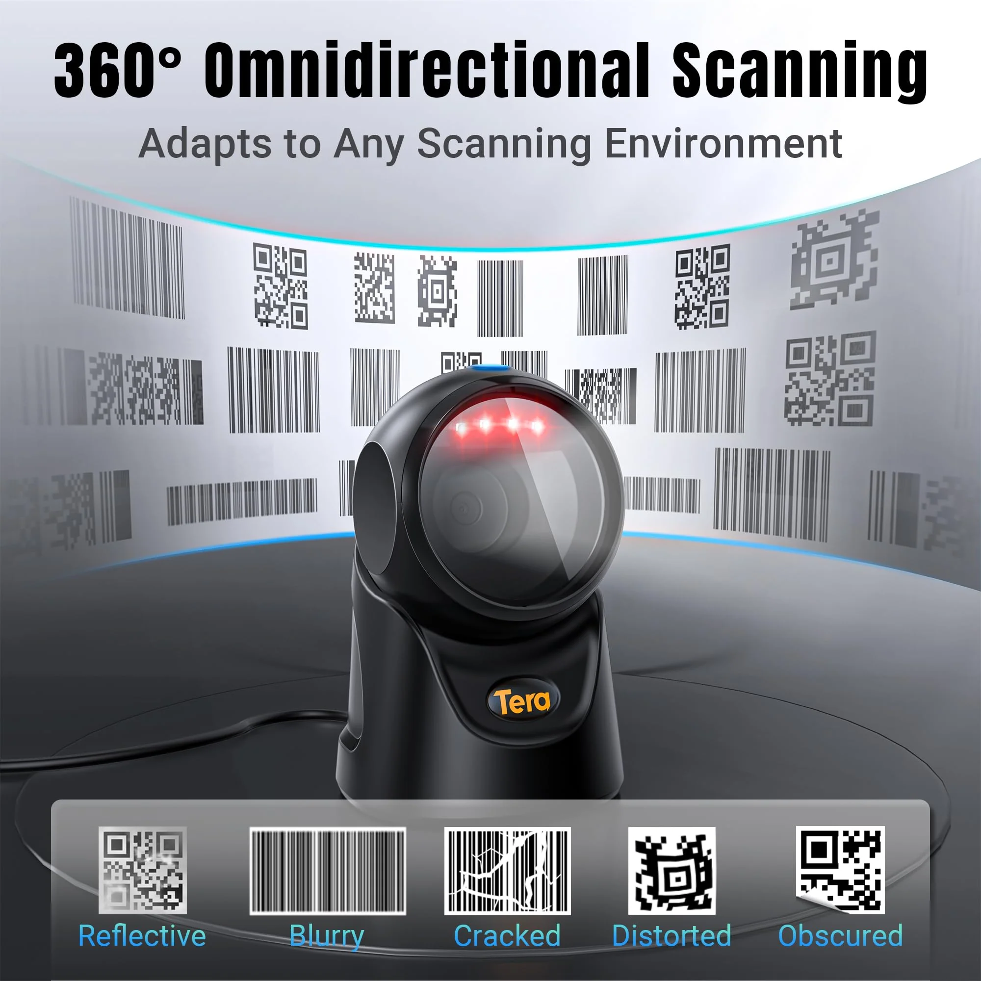 Tera Barcode Scanner Handsfree Omnidirectional: Desktop 1D 2D QR USB Wired Adjustable Angle Plug and Play Bar Code Reader for POS Supermarket Retail Store Mobile Payment Model 9700 Black - Image 4