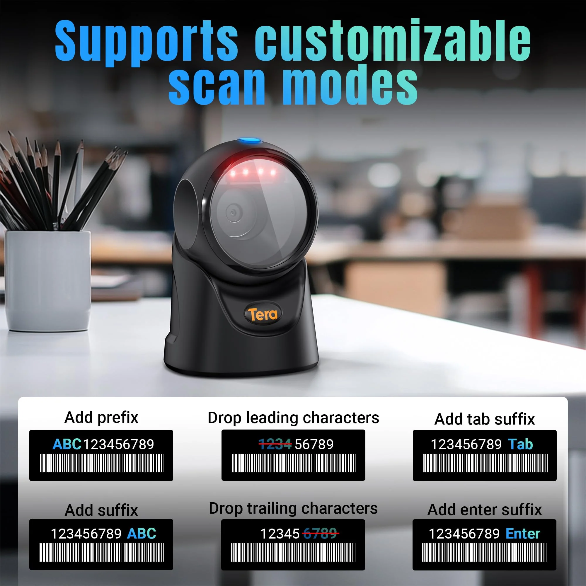 Tera Barcode Scanner Handsfree Omnidirectional: Desktop 1D 2D QR USB Wired Adjustable Angle Plug and Play Bar Code Reader for POS Supermarket Retail Store Mobile Payment Model 9700 Black - Image 6