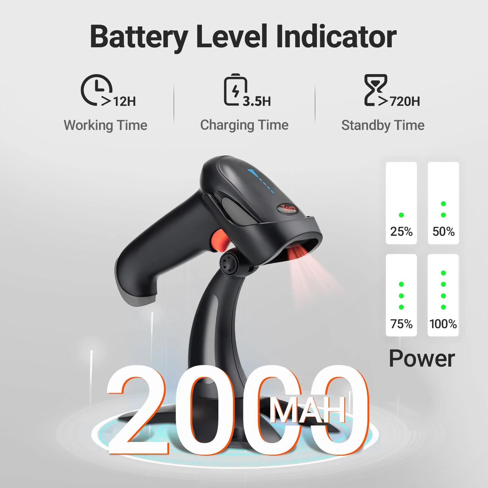 Tera Barcode Scanner Wireless 1D 2D QR with Stand: Battery Level Indicator 3 in 1 Works with Bluetooth 2.4G Wireless USB Wired Handheld Bar Code Reader with Vibration Alert HW0002 Grey - Image 2