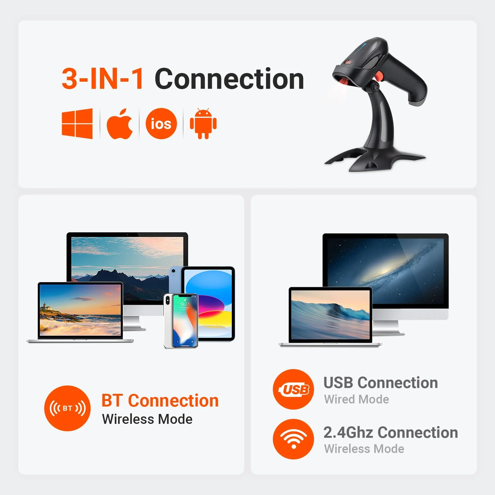 Tera Barcode Scanner Wireless 1D 2D QR with Stand: Battery Level Indicator 3 in 1 Works with Bluetooth 2.4G Wireless USB Wired Handheld Bar Code Reader with Vibration Alert HW0002 Grey - Image 5