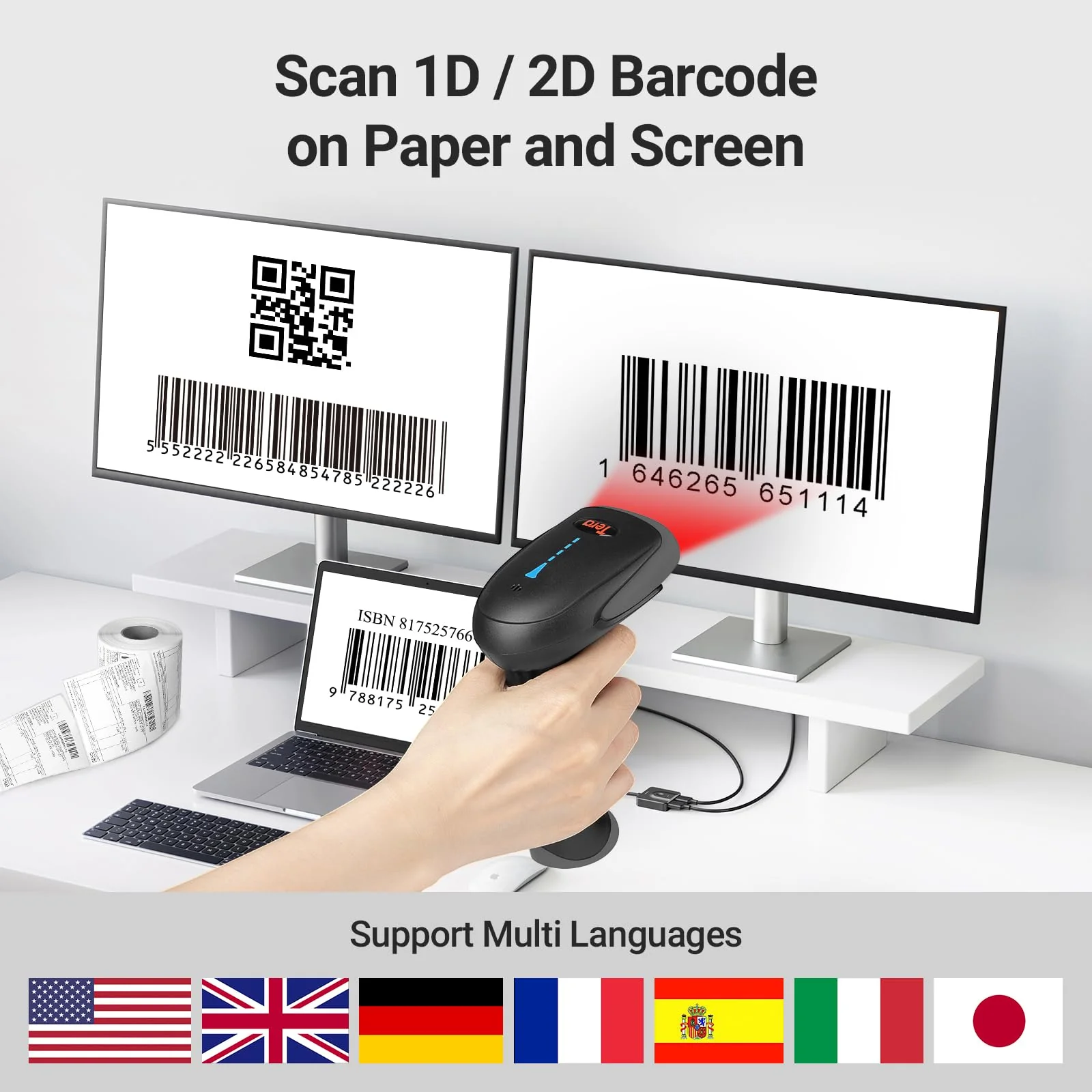 Tera Barcode Scanner Wireless 1D 2D QR with Stand: Battery Level Indicator 3 in 1 Works with Bluetooth 2.4G Wireless USB Wired Handheld Bar Code Reader with Vibration Alert HW0002 Grey - Image 6