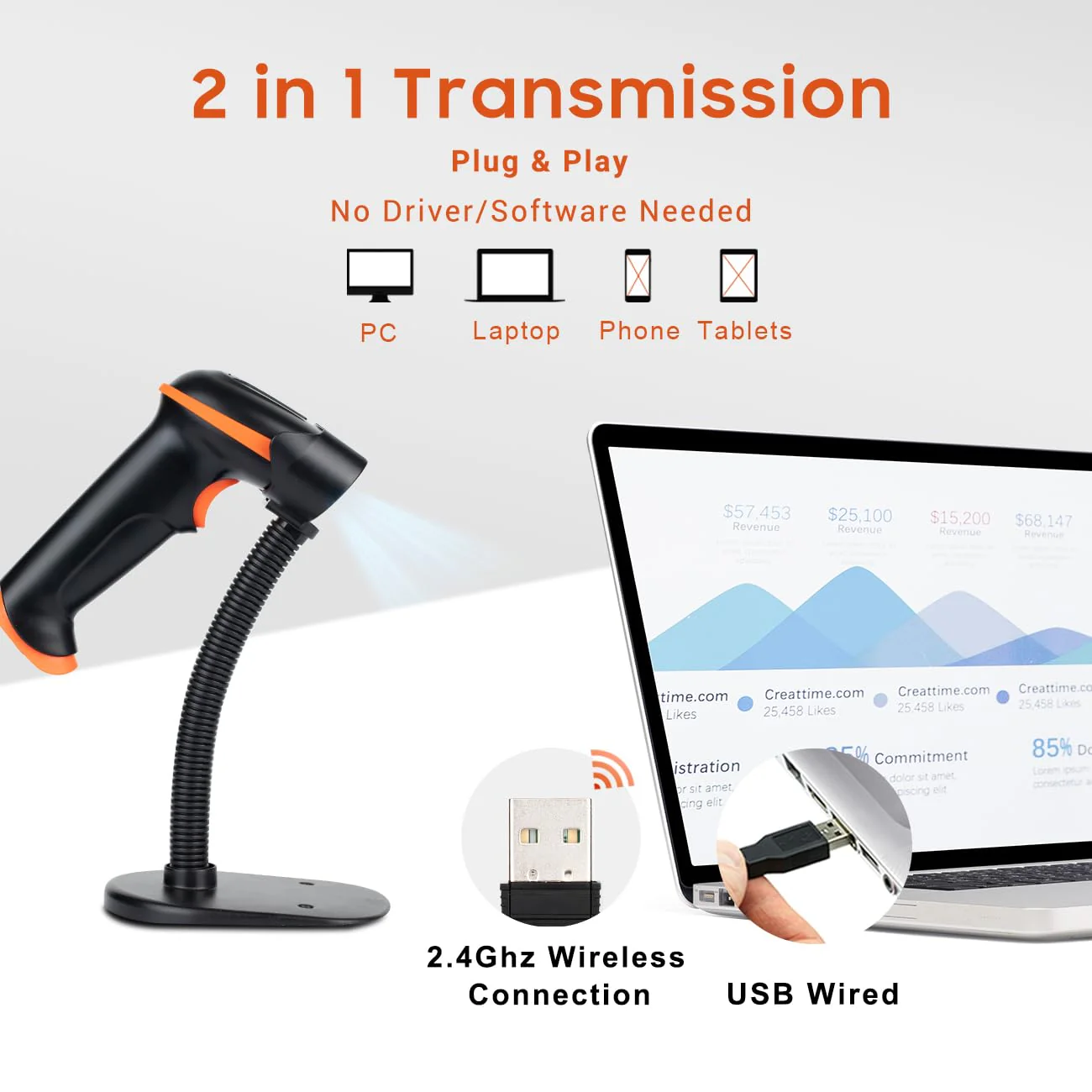 Tera Barcode Scanner Wireless 1D Laser Cordless Barcode Reader with Battery Level Indicator, Versatile 2 in 1 2.4Ghz Wireless and USB 2.0 Wired with Stand Model 5100-Z - Image 3