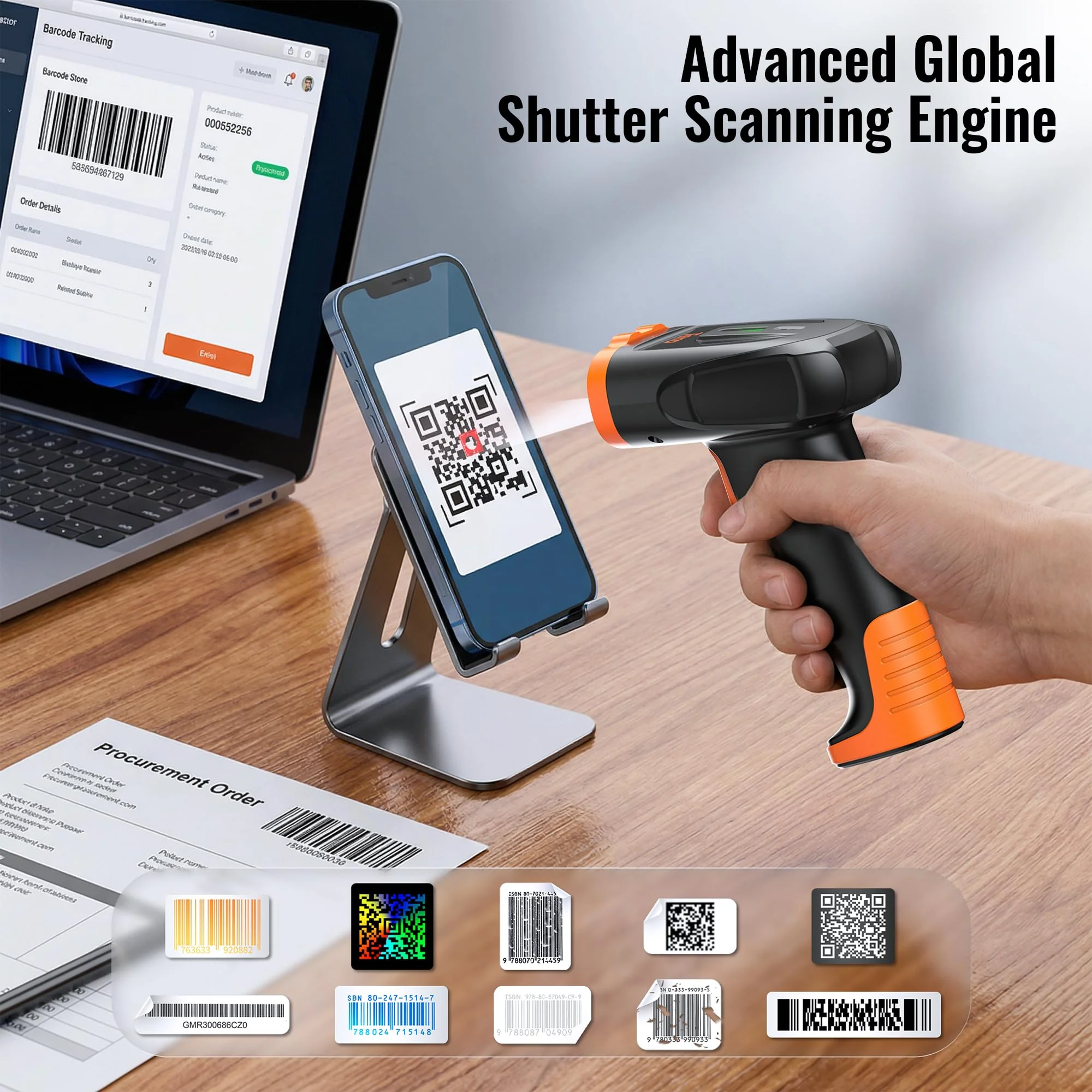 Tera Barcode Scanner Wireless Handheld: with 2200mAh Lithium-Polymer Battery Works with Bluetooth 2.4G Cordless USB Wired 1D 2D QR Bar Code Reader for Retail Inventory Management Model D5300 Orange - Image 4