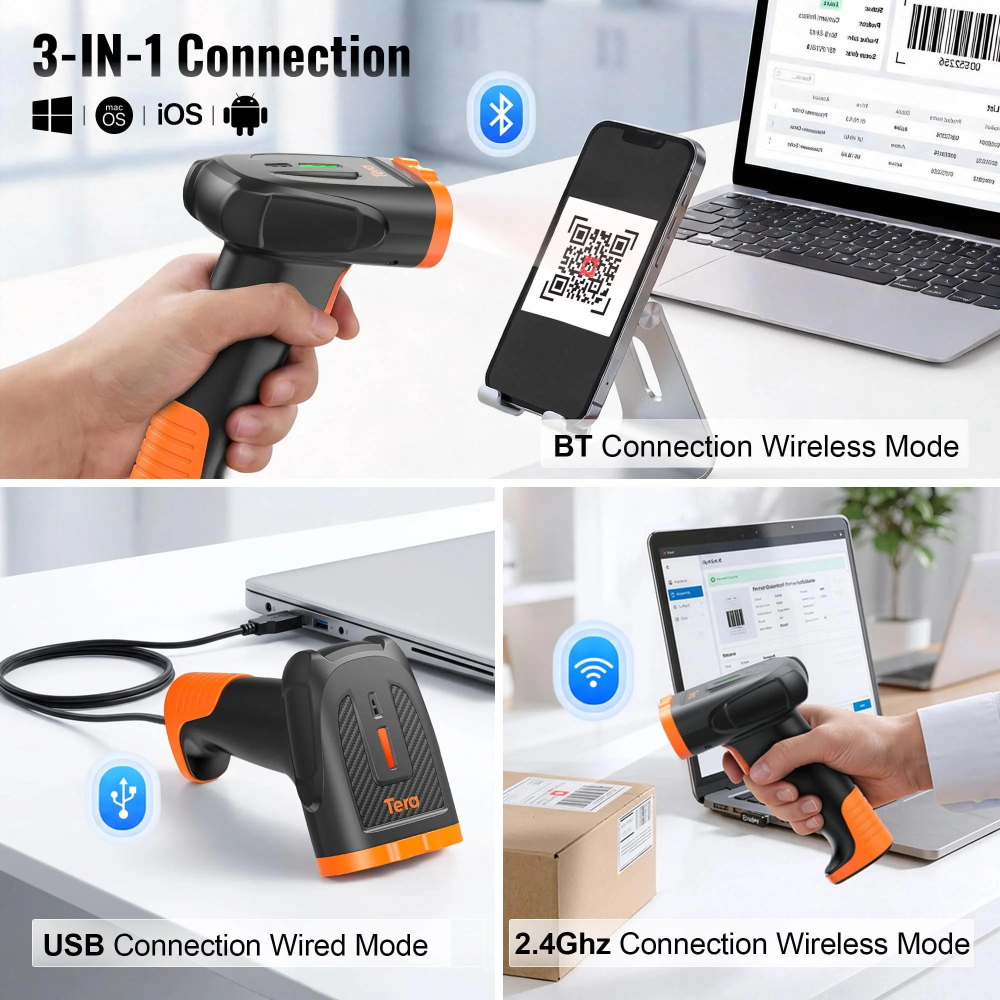 Tera Barcode Scanner Wireless Handheld: with 2200mAh Lithium-Polymer Battery Works with Bluetooth 2.4G Cordless USB Wired 1D 2D QR Bar Code Reader for Retail Inventory Management Model D5300 Orange - Image 5