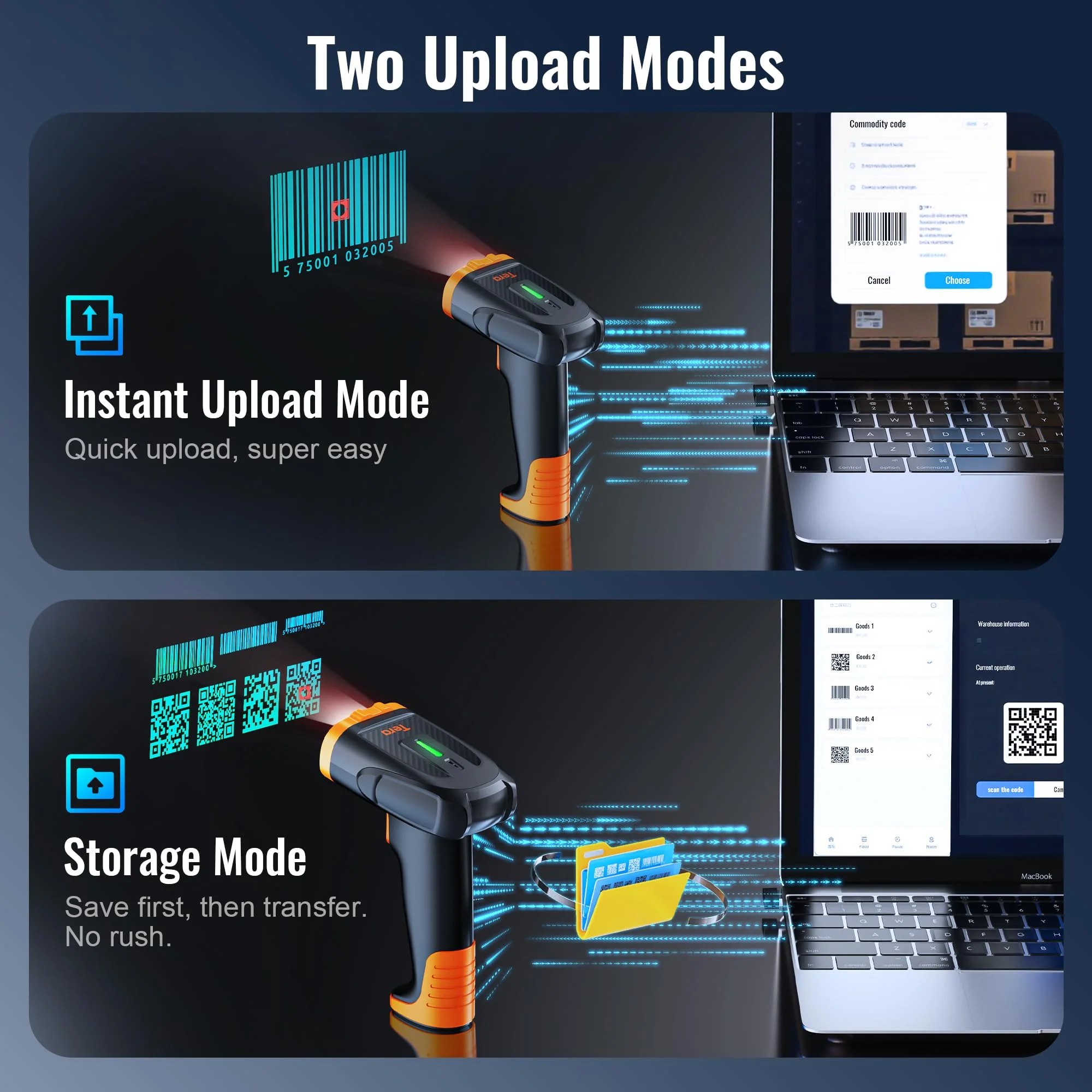 Tera Barcode Scanner Wireless Handheld: with 2200mAh Lithium-Polymer Battery Works with Bluetooth 2.4G Cordless USB Wired 1D 2D QR Bar Code Reader for Retail Inventory Management Model D5300 Orange - Image 7