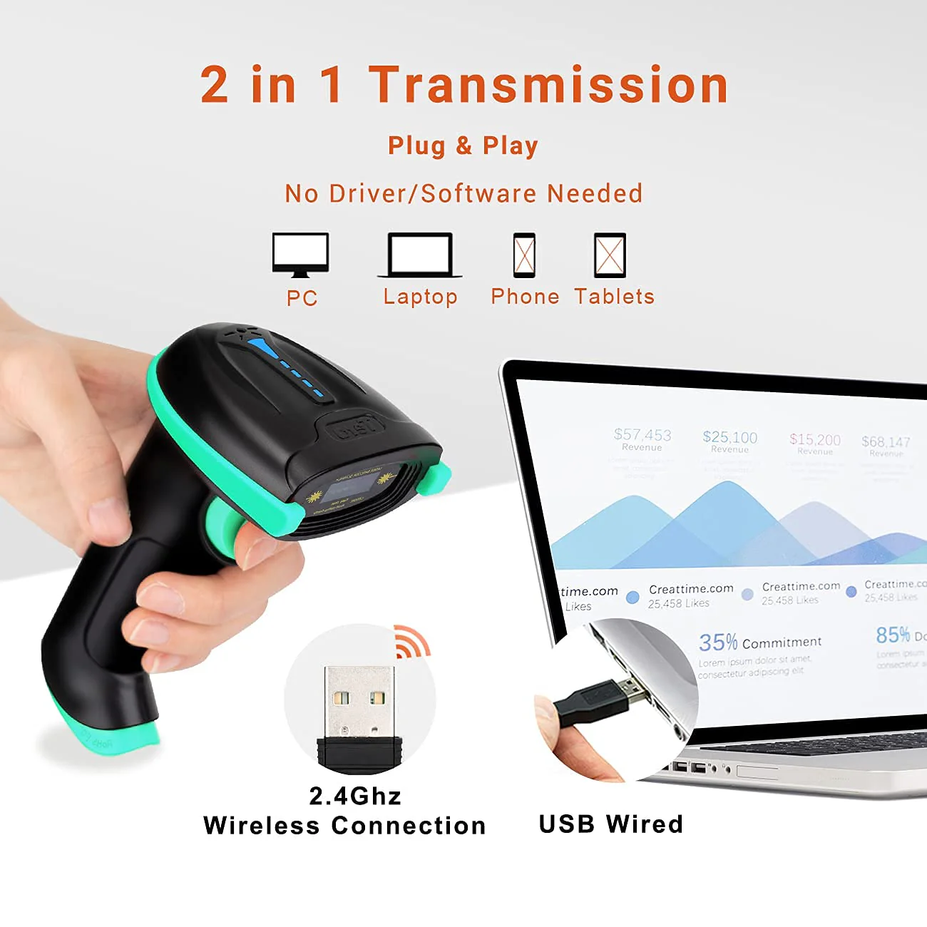 Tera Barcode Scanner Wireless Versatile 2-in-1 (2.4Ghz Wireless+USB 2.0 Wired) with Battery Level Indicator 328 Feet Transmission Distance Rechargeable 1D Laser Bar Code Reader USB Handheld (Blue) - Image 5