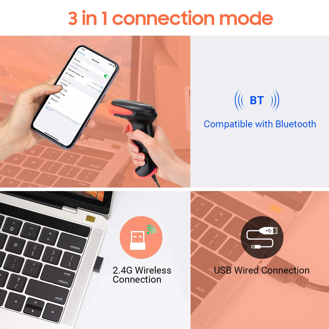 Tera Pro Wireless 2D QR Barcode Scanner 3 in 1 Bluetooth & 2.4GHz Wireless & USB Wired Connection Connect Smart Phone Tablet PC Image Bar Code Reader with Vibration Alert Model HW0002-O 2D no stand - Image 2