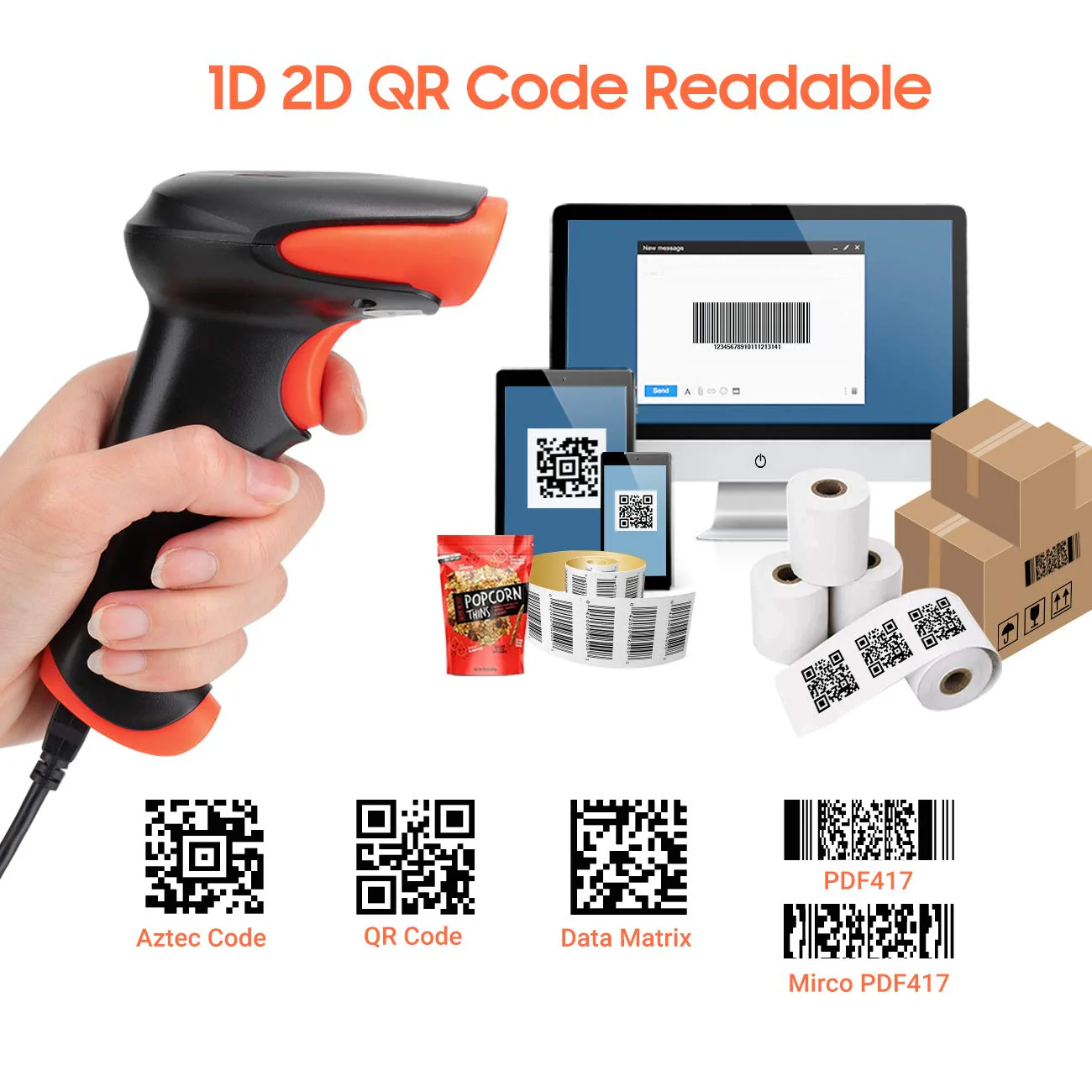 Tera Pro Wireless 2D QR Barcode Scanner 3 in 1 Bluetooth & 2.4GHz Wireless & USB Wired Connection Connect Smart Phone Tablet PC Image Bar Code Reader with Vibration Alert Model HW0002-O 2D no stand - Image 3