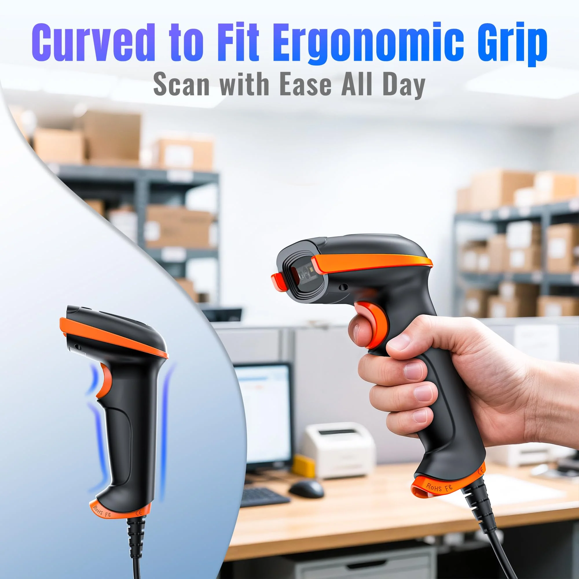 Tera Upgraded USB 1D 2D QR Barcode Scanner Wired, Officially Certified Dustproof Shockproof Waterproof IP65 Ergonomic Handle Fast and Precise Scan for Windows Linux Plug and Play Model D5100Y 2D Wired - Image 2