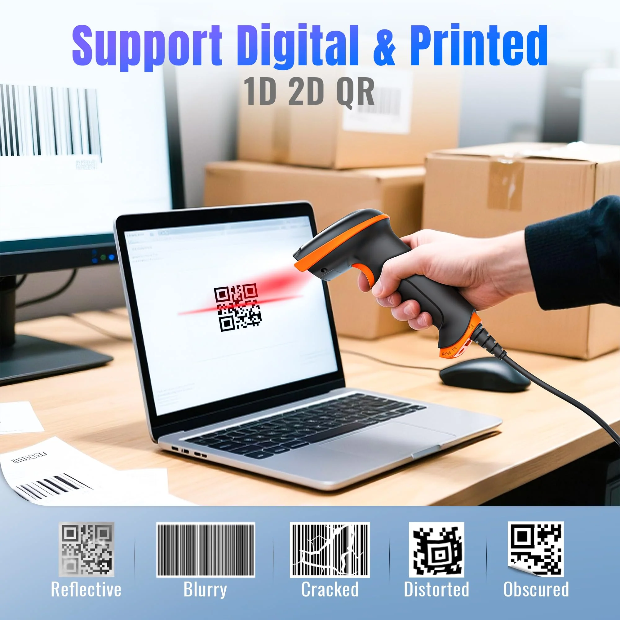 Tera Upgraded USB 1D 2D QR Barcode Scanner Wired, Officially Certified Dustproof Shockproof Waterproof IP65 Ergonomic Handle Fast and Precise Scan for Windows Linux Plug and Play Model D5100Y 2D Wired - Image 4