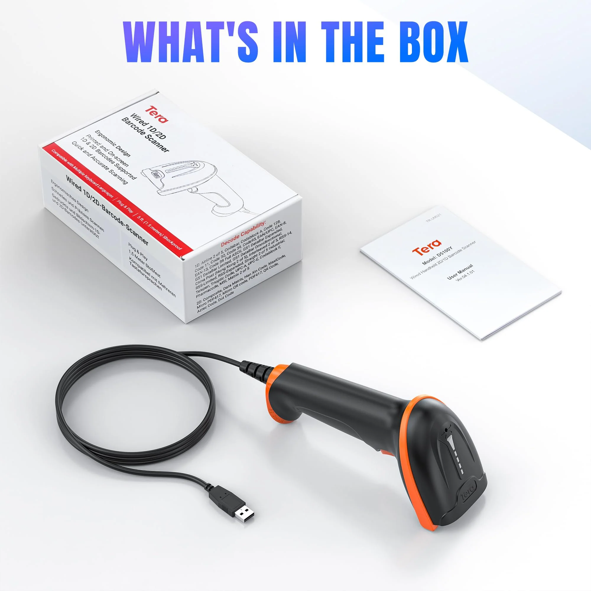 Tera Upgraded USB 1D 2D QR Barcode Scanner Wired, Officially Certified Dustproof Shockproof Waterproof IP65 Ergonomic Handle Fast and Precise Scan for Windows Linux Plug and Play Model D5100Y 2D Wired - Image 8