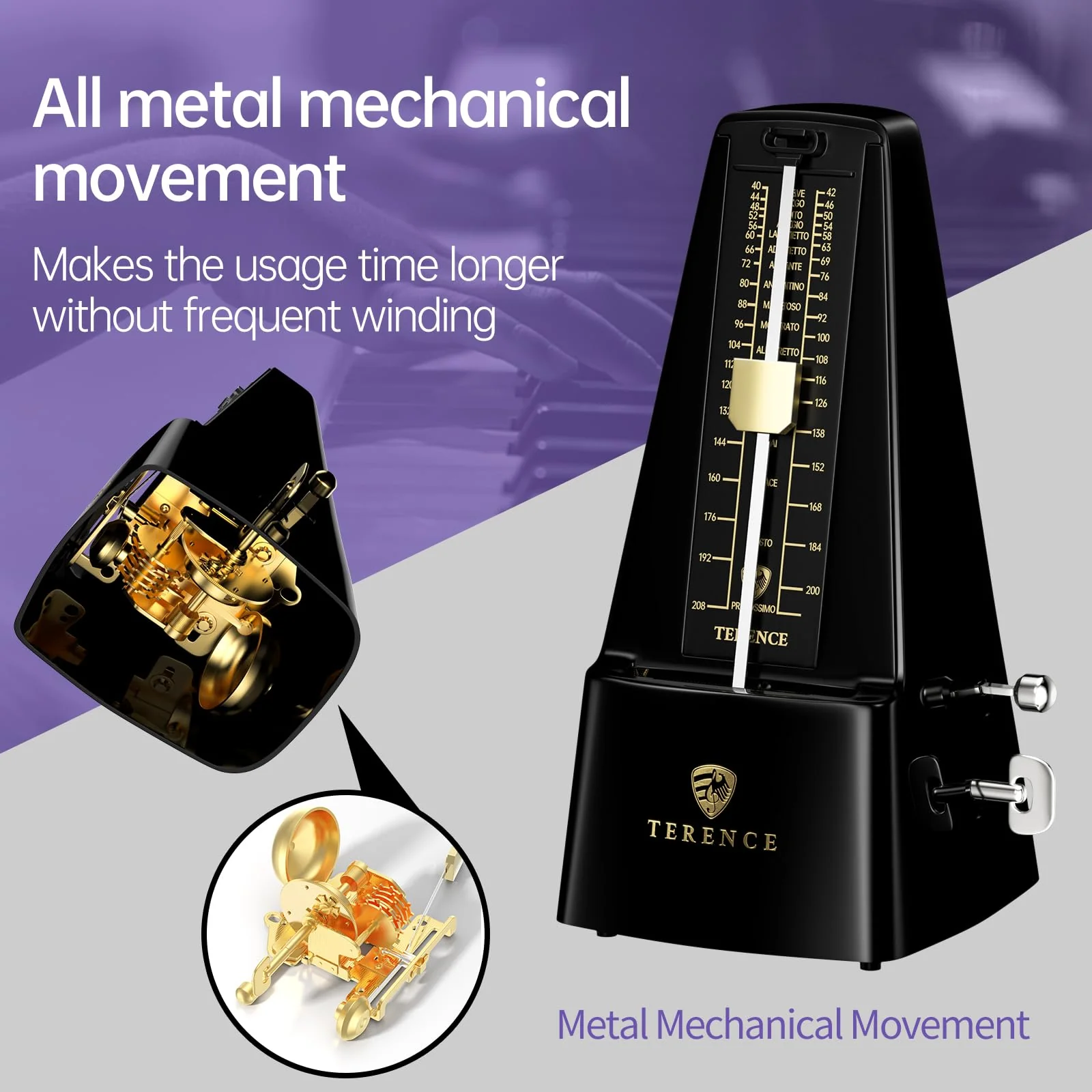 TERENCE Mechanical Metronome for Piano Guitar Violin Bass Drum and Other Musical Instruments Loud Sound and High Precision Track Beat and Tempo, Portable Metronome Gift Teaching for Beginners (Black) Black - Image 2