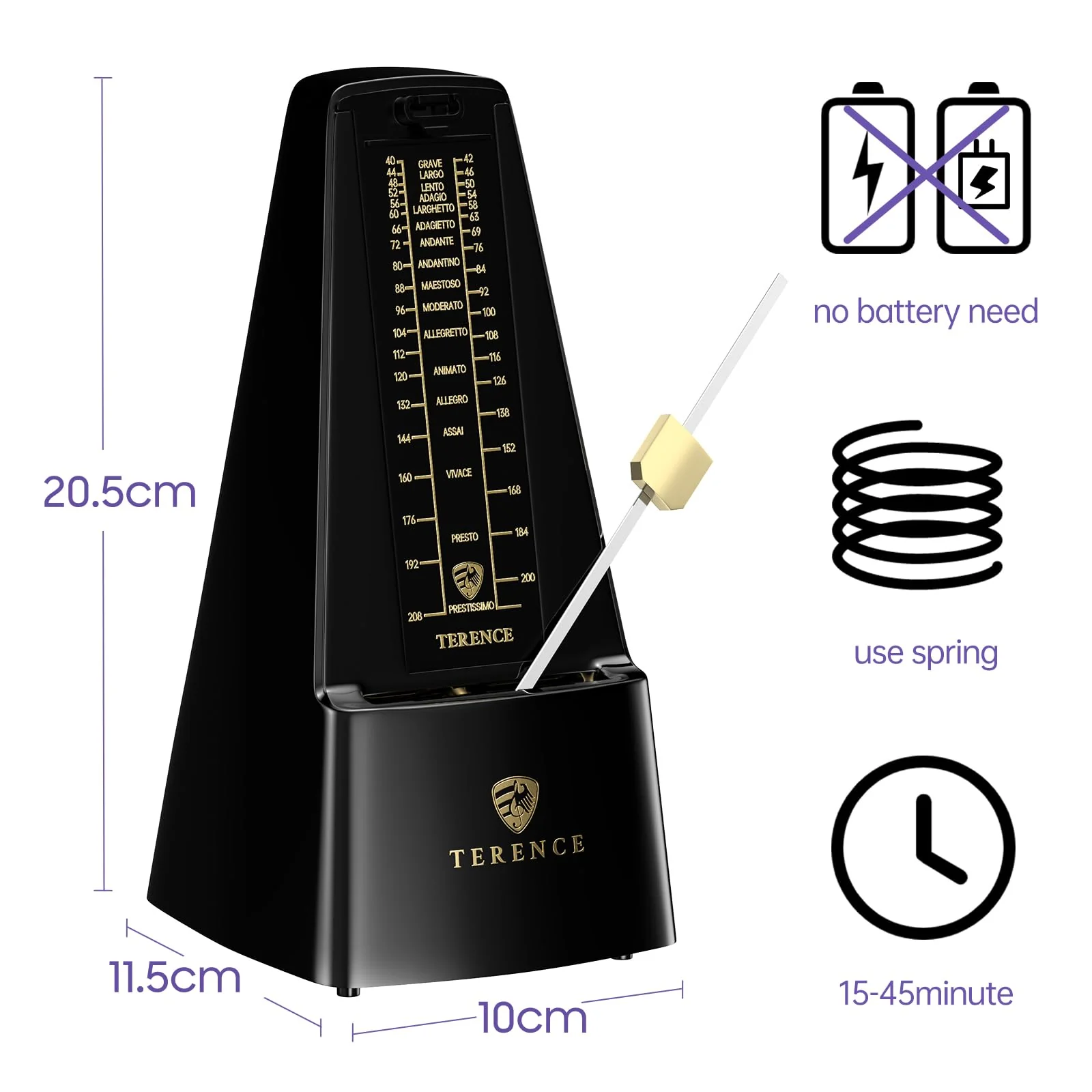 TERENCE Mechanical Metronome for Piano Guitar Violin Bass Drum and Other Musical Instruments Loud Sound and High Precision Track Beat and Tempo, Portable Metronome Gift Teaching for Beginners (Black) Black - Image 4