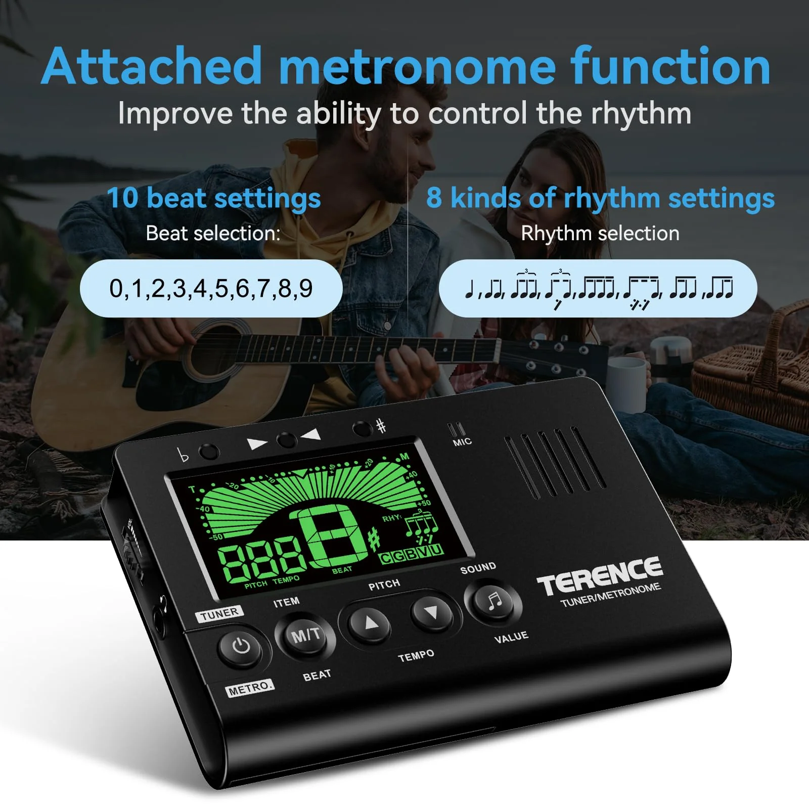TERENCE Metronome Tuner, 3 in 1 Digital Metronome Tuner Tone Generator for Guitar, Bass, Ukulele, Chromatic, Clarinet, Trumpet and All Musical Instruments, with LCD Color Display, Volume Adjustable - Image 2