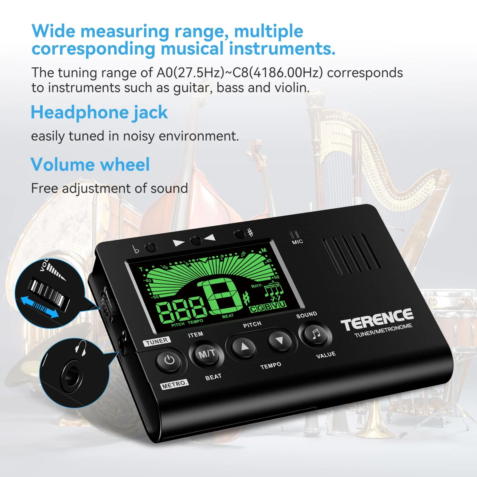 TERENCE Metronome Tuner, 3 in 1 Digital Metronome Tuner Tone Generator for Guitar, Bass, Ukulele, Chromatic, Clarinet, Trumpet and All Musical Instruments, with LCD Color Display, Volume Adjustable - Image 3
