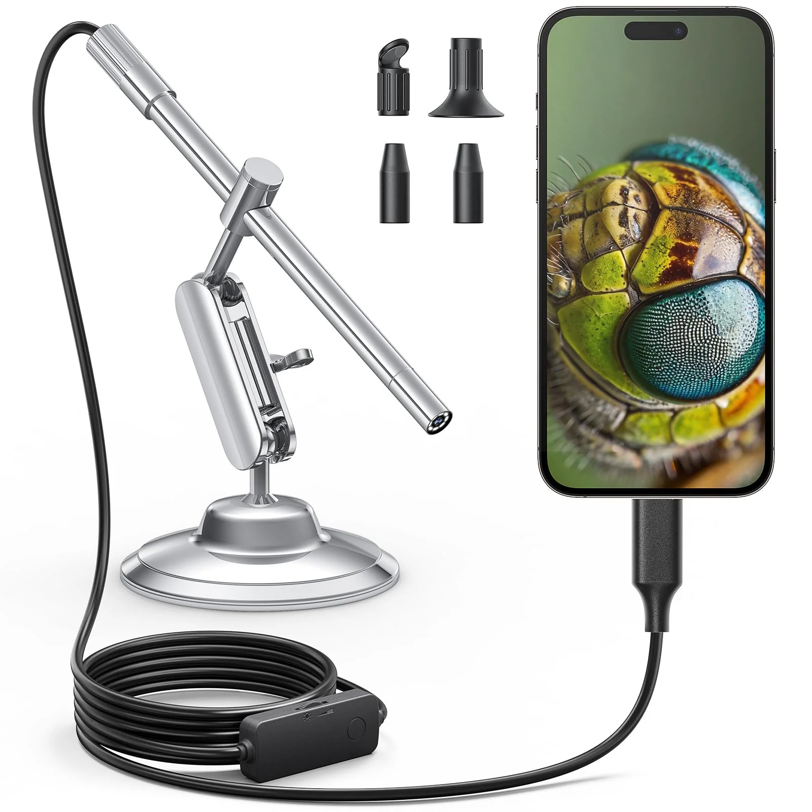 Teslong USB-C Digital Microscope, 10X to 200X Magnification Portable Camera with 8 LED Lights, Handheld Rotating Metal Stand for Coin, Electronic, Compatible with iPhone 15+ and Android Devices