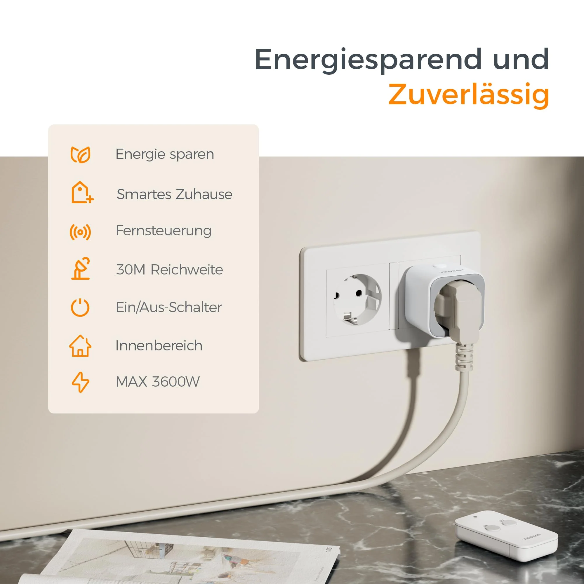 TESSAN Radio Sockets with Remote Control, Range 30.5 m Switchable Socket with Handheld Transmitter, Remote Controlled Plug for Interior Decorations, Household Appliances and Lamp, 2300 W, White 1 - Image 2