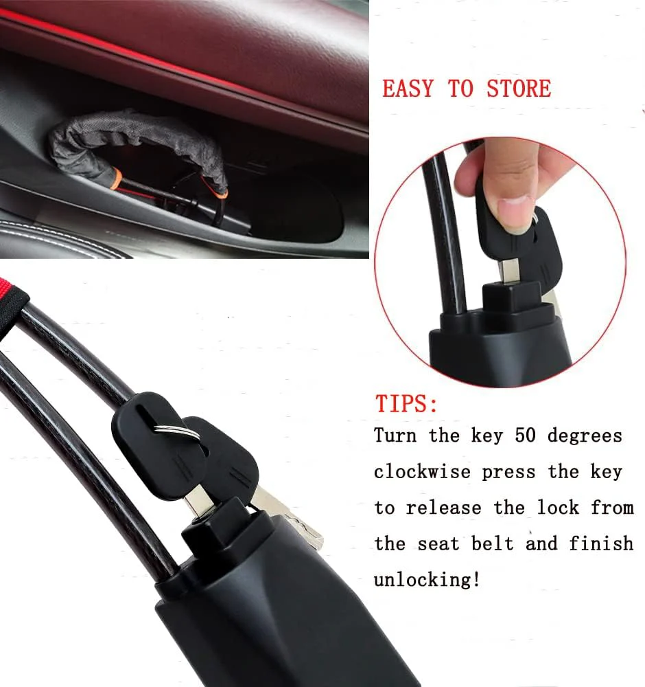 Tevlaphee Steering Wheel Lock Seat Belt Universal Anti Theft Car Device Prevention with 3 Keys for Security Fit Most Vehicles Truck SUV Van(Black) Black - Image 2