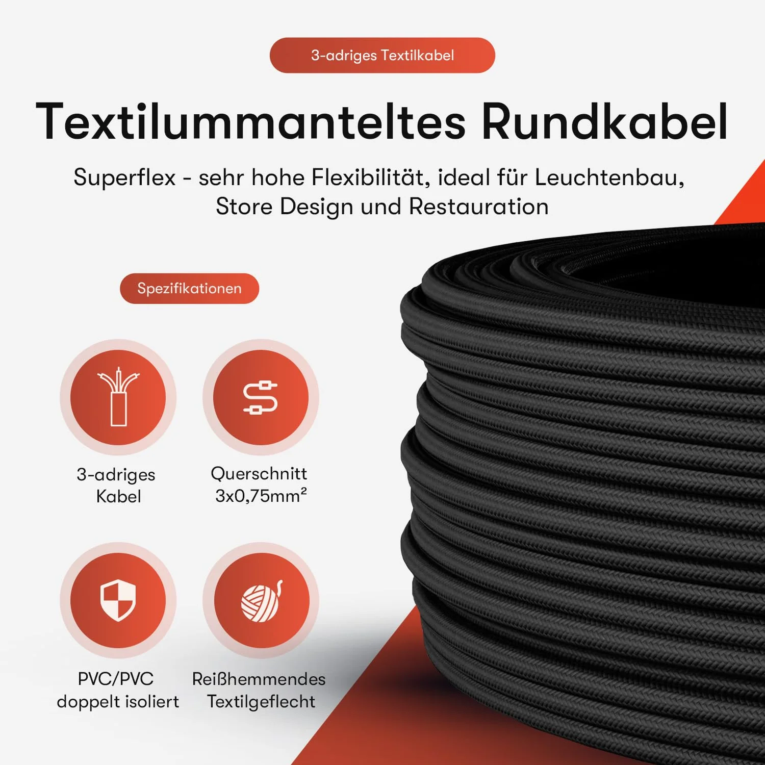 Textile Cable for Lamps, Textile-Coated Round Cable, Three-Core, 3 x 0.75 mm², Gold, black 3 Meter - Image 3