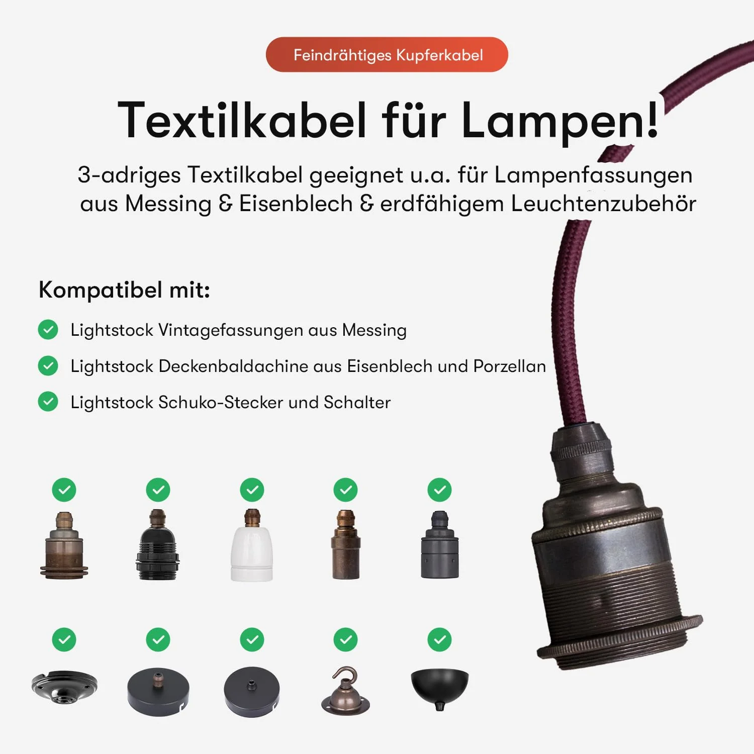 Textile Cable for Lamps, Textile-Coated Round Cable, Three-Core, 3 x 0.75 mm², Gold, black 3 Meter - Image 4