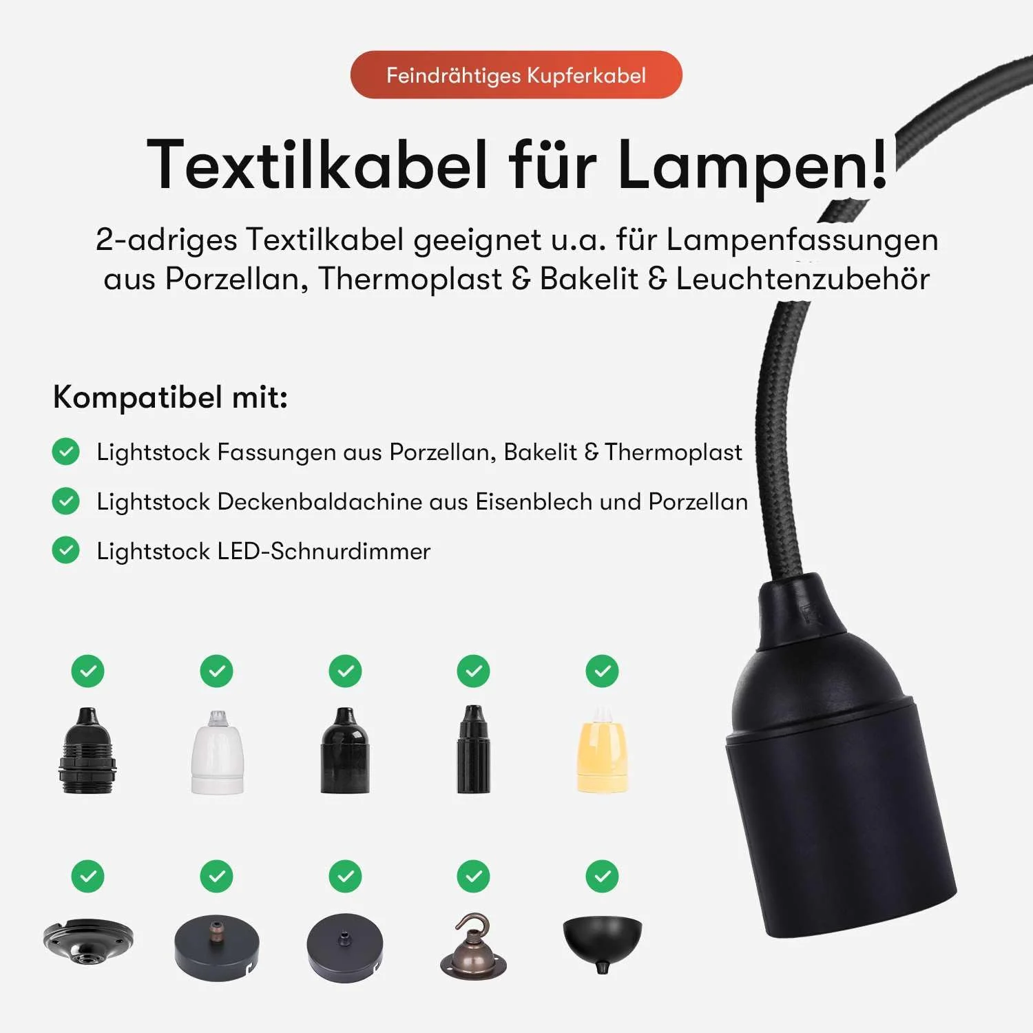Textile Cable for Lamps, Various Colours, 2 Core, 2 x 0.75 mm2, black 3 Meter - Image 3