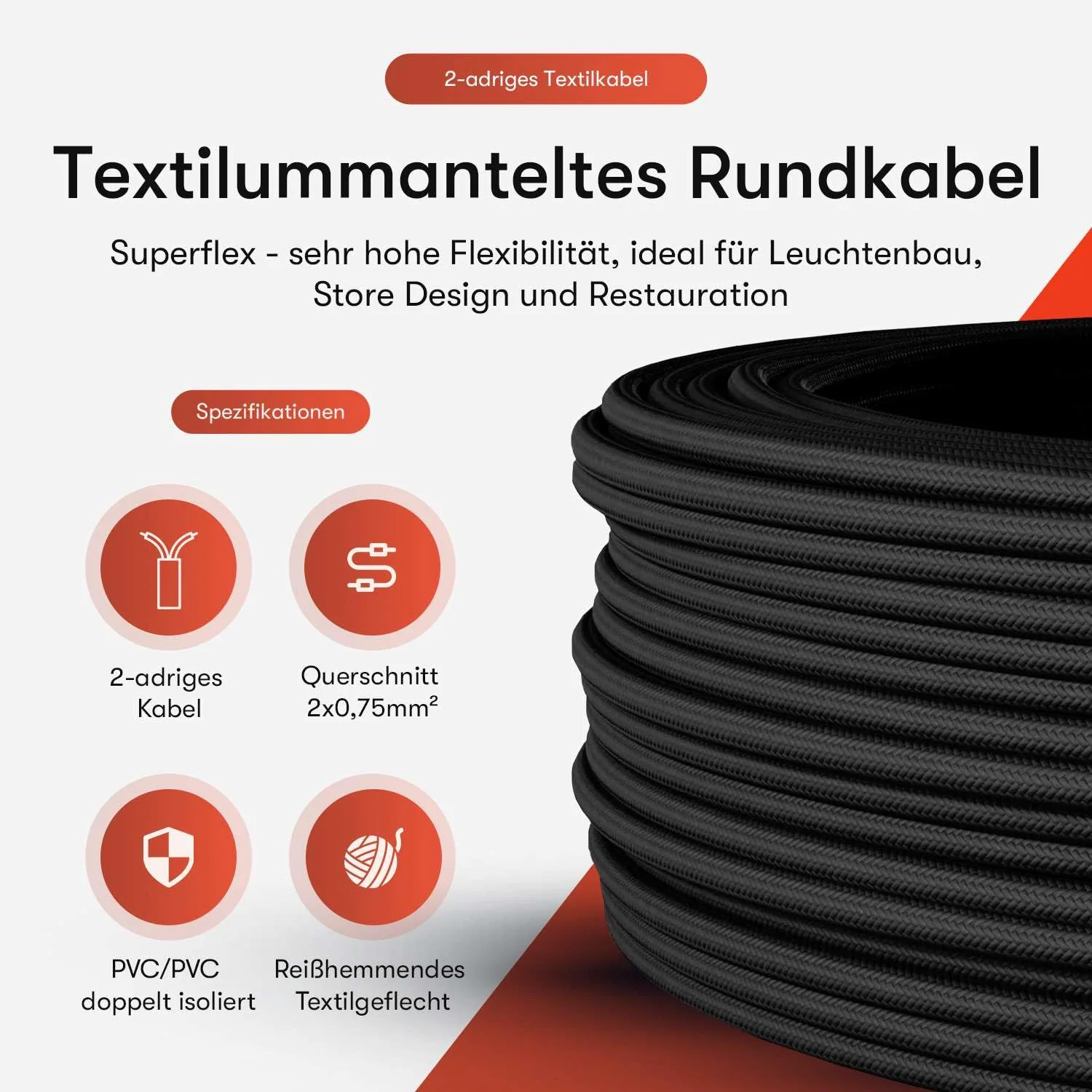 Textile Cable for Lamps, Various Colours, 2 Core, 2 x 0.75 mm2, black 3 Meter - Image 4