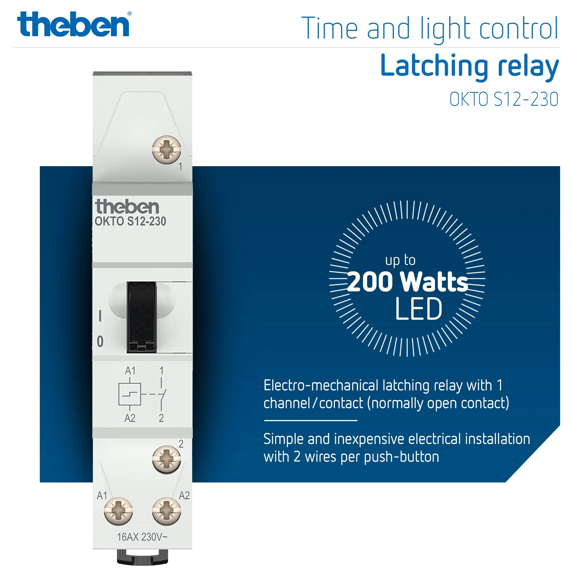 Theben 3120120 Okto S12-230 Impulse Switch, Impulse Relay, 230 V, Electromechanical, DIN Rail, DIN Rail, 1 N/O Contact, LED up to 200 W, Light Control (Pack of 1) Pack of 1 - Image 2